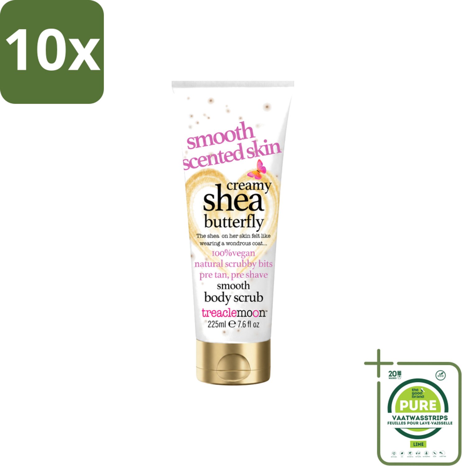 10 x Treaclemoon – Body Scrub – Creamy Shea Butterfly – 225 ml - Grootverpakking - Vaatwasstrips - Body Scrub - Exfoliatie - Shea Butter - Kokosnoot - Huid Verzorging