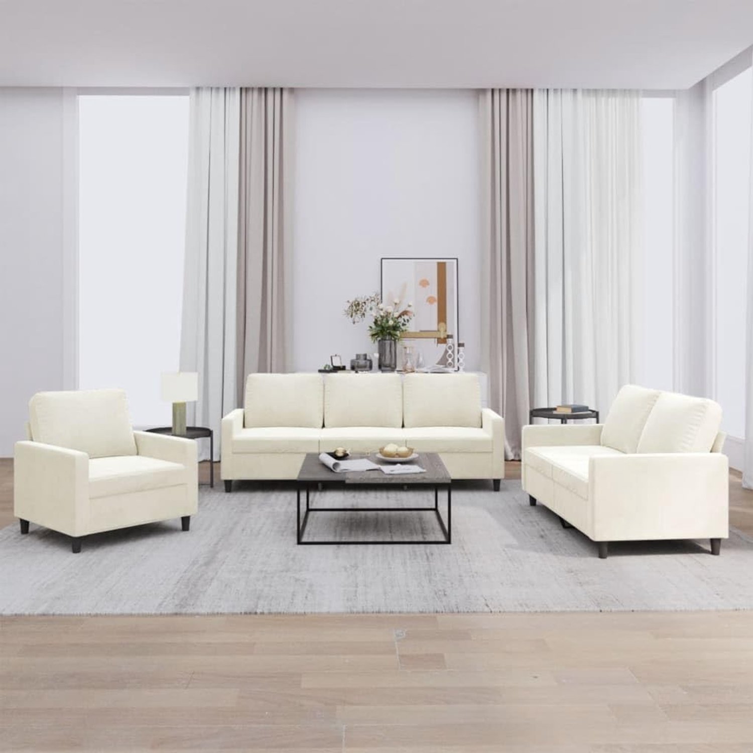 3-delig. Sofa set met kussen in crème fluweel, zacht velours sofa set met robuust frame voor woonkamer, comfortabele bekleding en stabiele metalen fundament, elegant