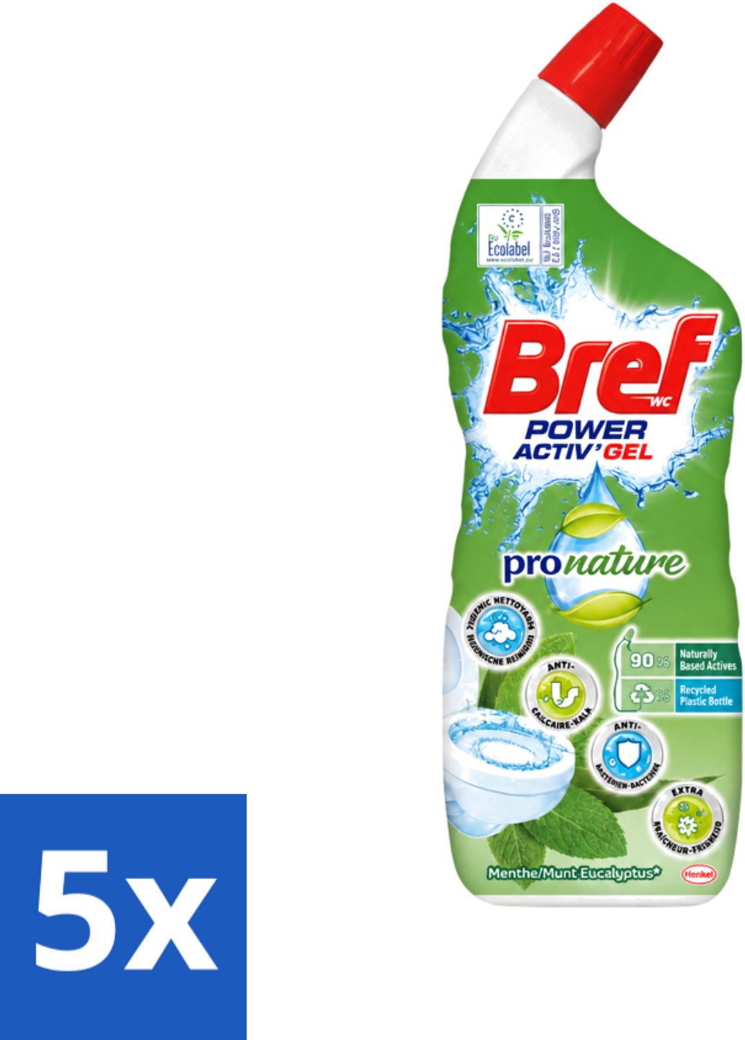 5 x Bref WC - Power Activ+ - Toiletreiniger - Gel - Eucalyptus - 700 ml - Voordeelverpakking - 5 stuks