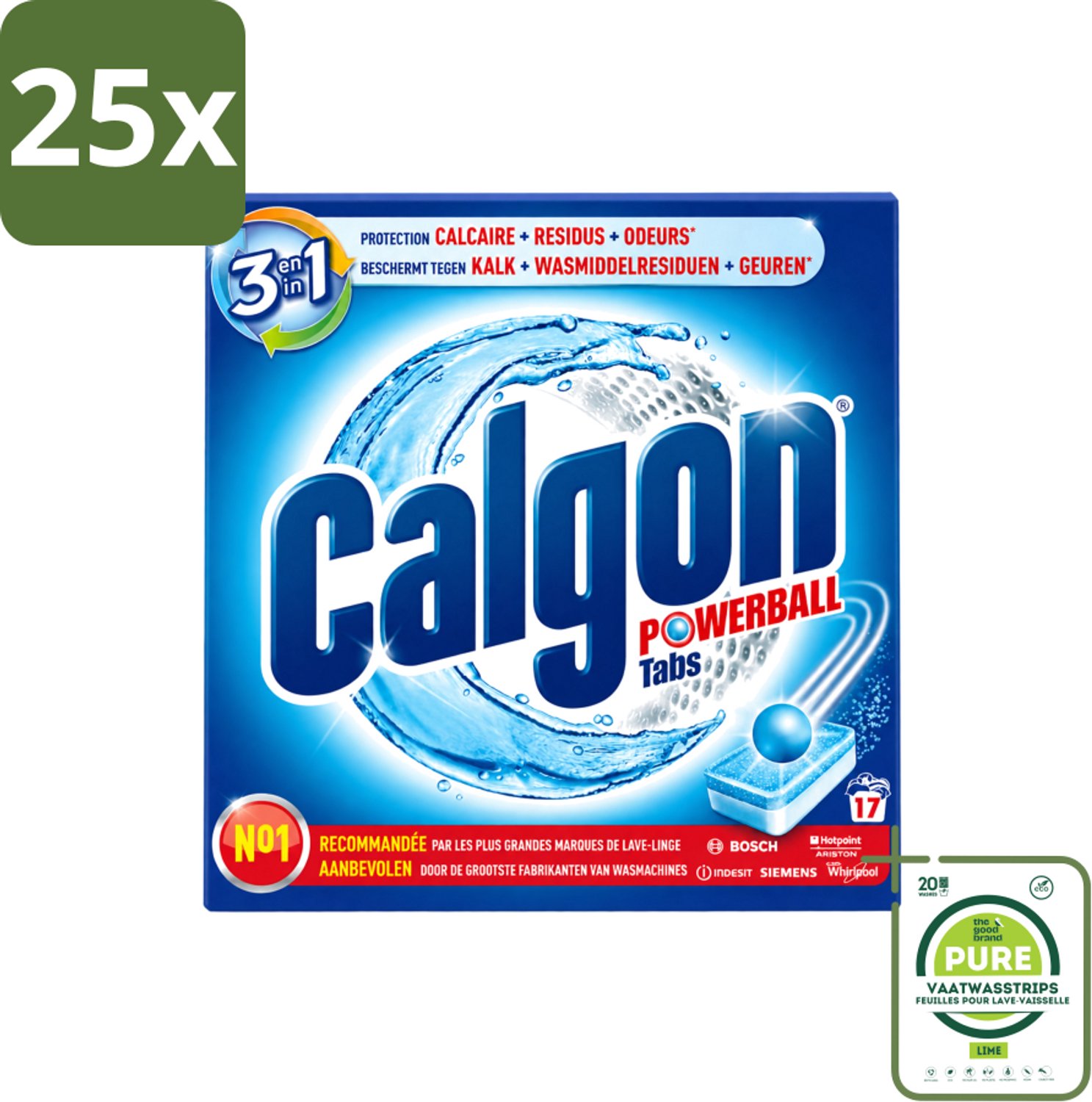25 x Calgon - Ontkalkingsmiddel - Tegen Kalk, Wasmiddelresiduen & Geuren - 17 Tabletten - Grootverpakking - Vaatwasstrips - Ontkalken Wasmachine - Kalkvoorkomen - Wasmiddelresiduen - Geuren Bestrijden - Wasmachine Onderhoud