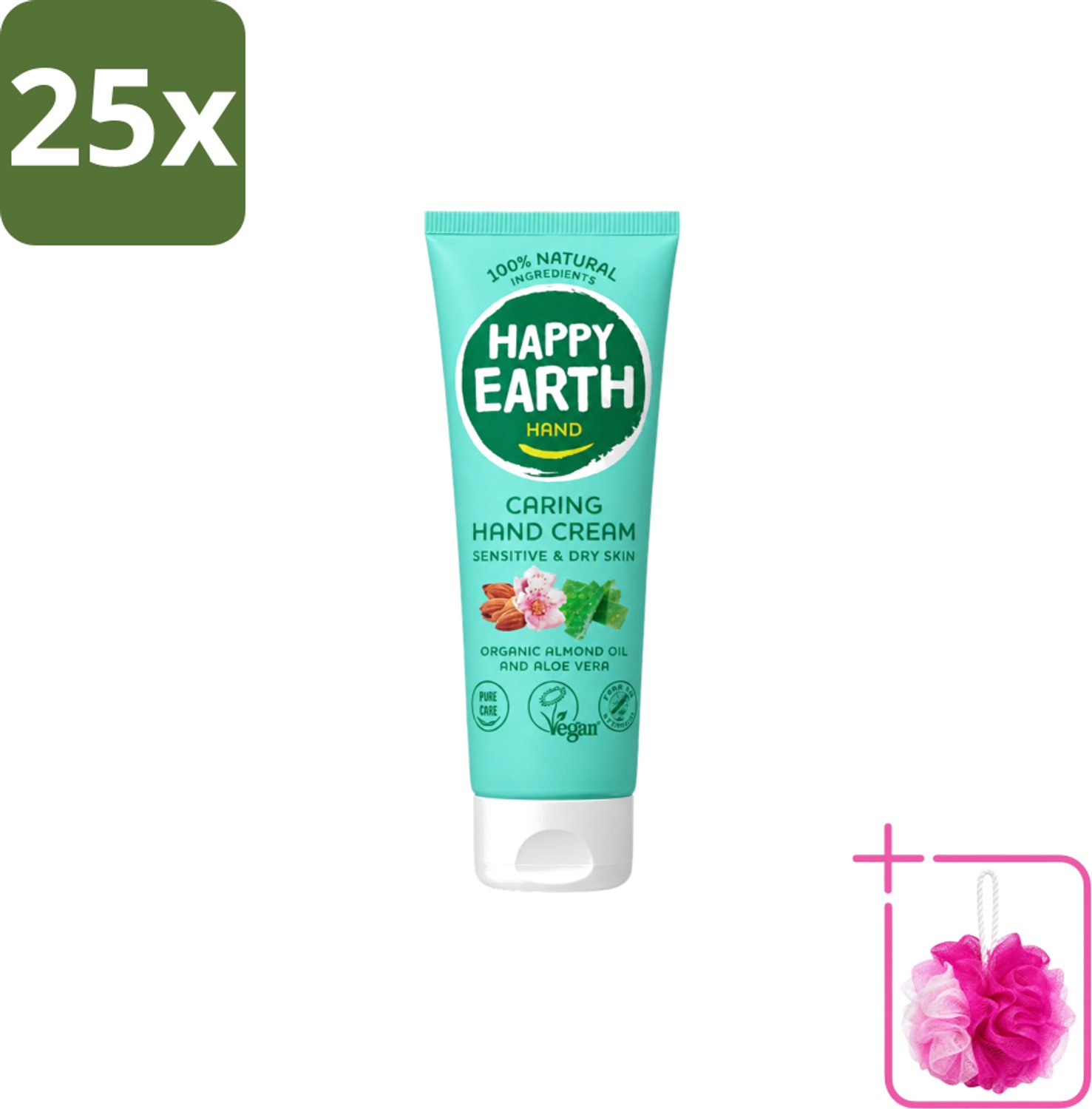 25 x Happy Earth – Handcrème – 100% Natuurlijk – 75 ml - Bulkverpakking - Natuurlijke handcrème - Douchemop - Vegan handcrème