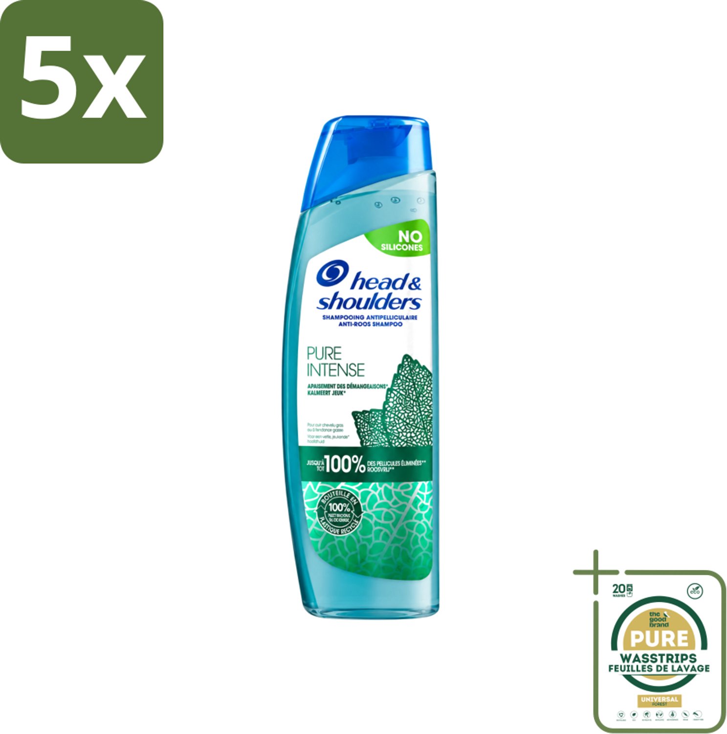 5 x Head & Shoulders – Shampoo – Pure Intense Kalmeert Jeuk – 250 ml - Wasstrips - Anti-roos Shampoo - Shampoo Bij Jeukende Hoofdhuid - Pepermunt Shampoo - Jeuk Kalmeren - Roosvrij Haar