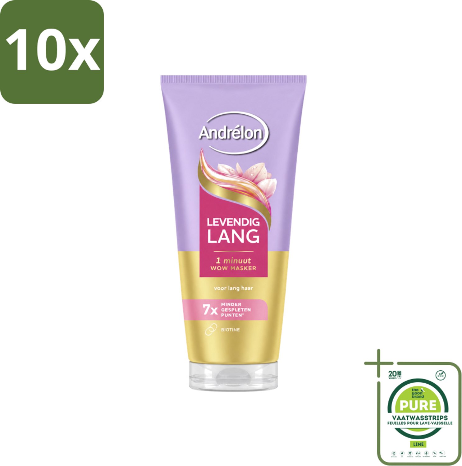 10 x Andrélon – Haarmasker WOW – Levendig Lang – 180 ml - Grootverpakking - Vaatwasstrips - Haarmasker - Lang Haar - Gespleten Punten - Haarversterking - Biotine