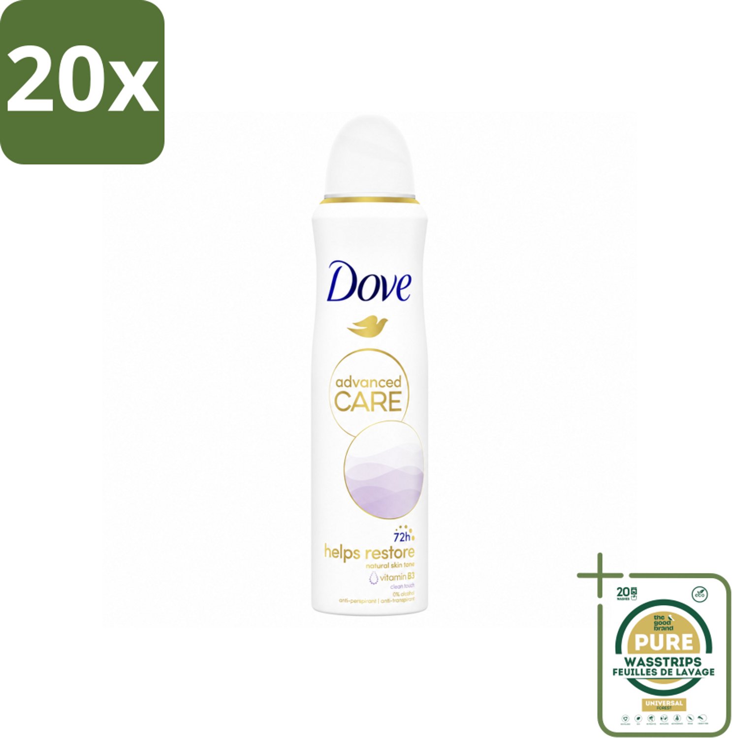 20 x Dove – Deodorant Spray – Clean Touch – 150 ml - Wasstrips - Anti-transpirant Spray - Zweetvermindering - Geurvermindering - Huidbescherming - Frisse Geur