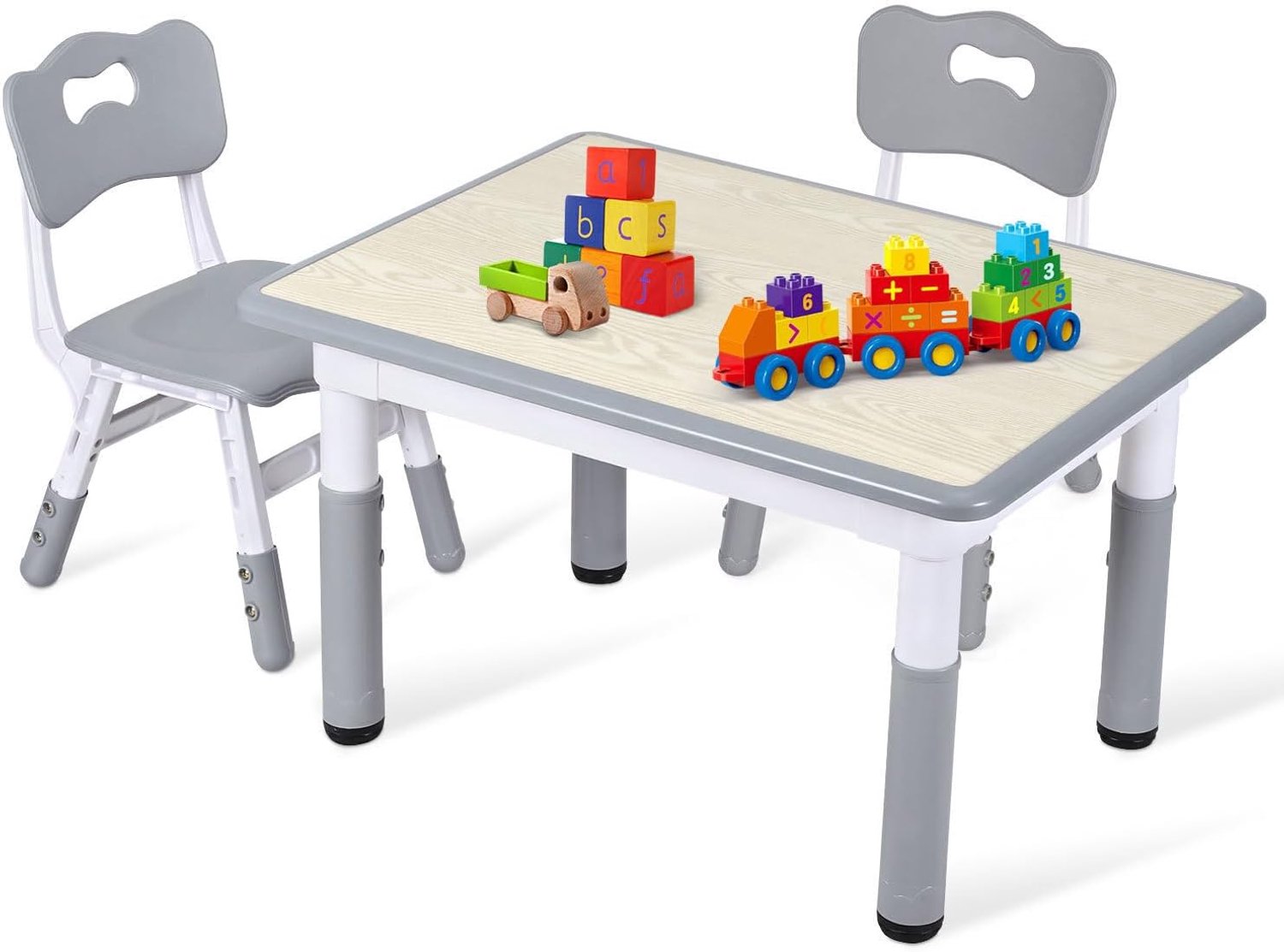 Kindertafel met 2 stoelen, 7-voudig in hoogte verstelbaar, 80 x 60 cm, tekentafel en bureau, kinderzitgroep, grijs houtprint