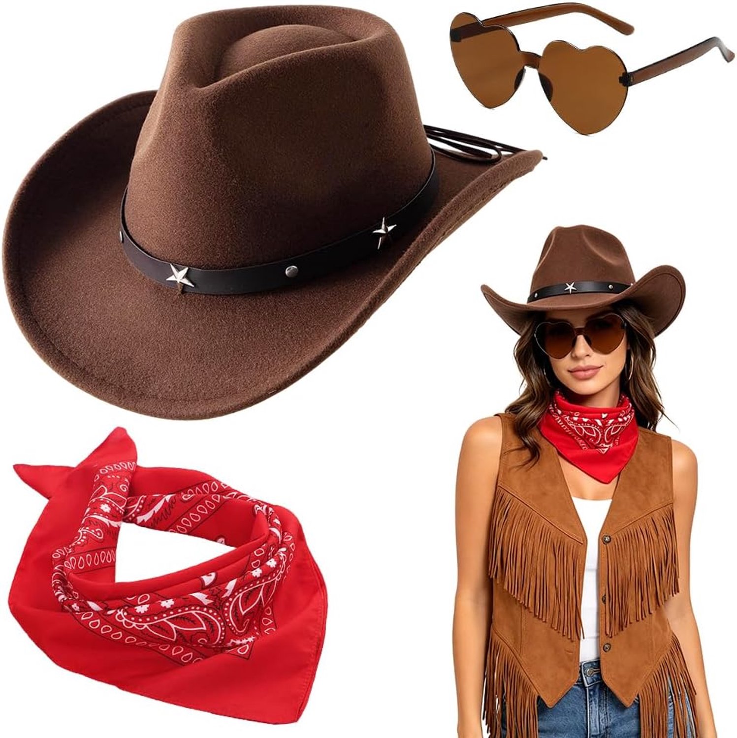 3PCS Cowboyhoed Cowboy Western Hoed met Ster Vorm Fancy Dress Accessoire Unisex Kostuum Set Hart Bril en Sjaal Cowgirl Kostuum Accessoires voor Halloween Party Zwart