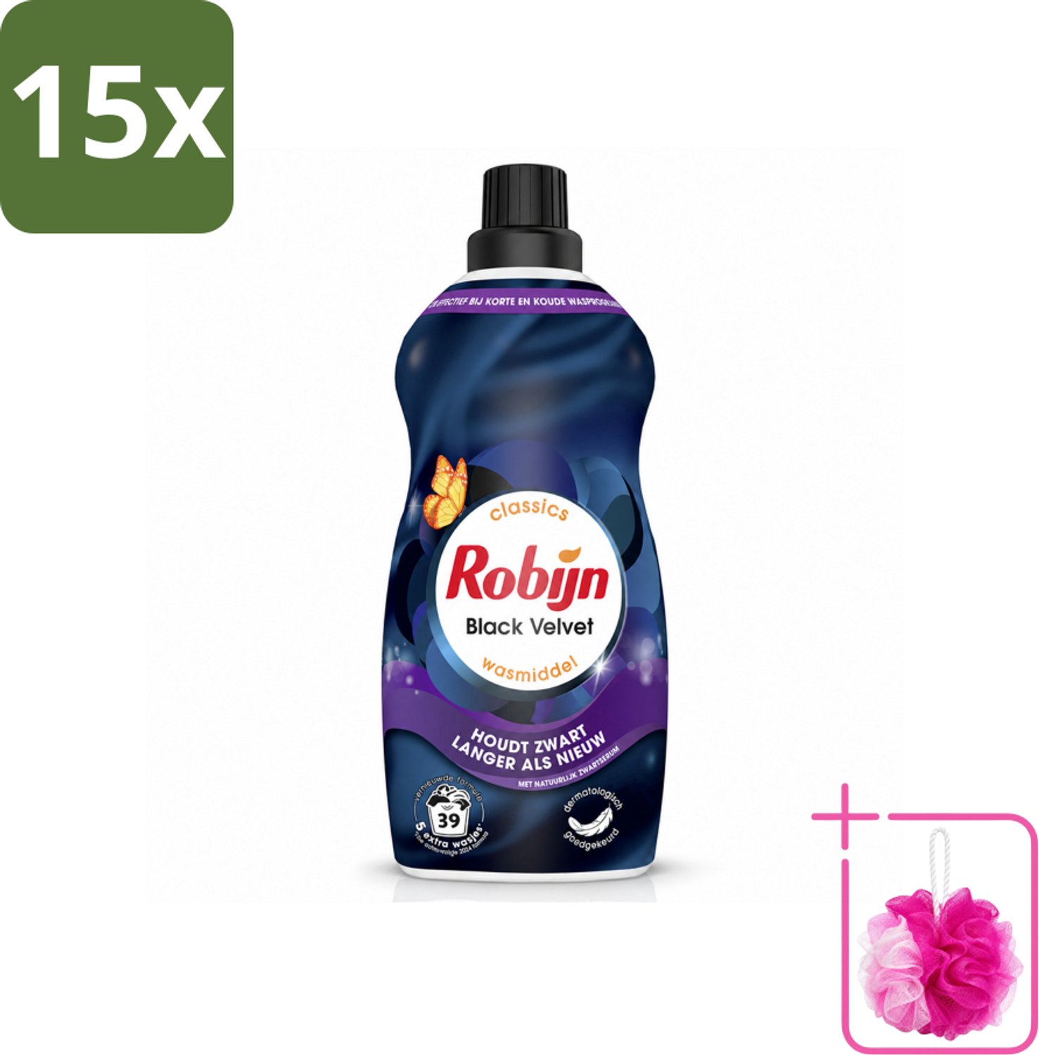 15 x Robijn – Vloeibaar Wasmiddel – Klein & Krachtig Black Velvet – 1,19 L - Bulkverpakking - Zwarte was - Douchemop - Donker was