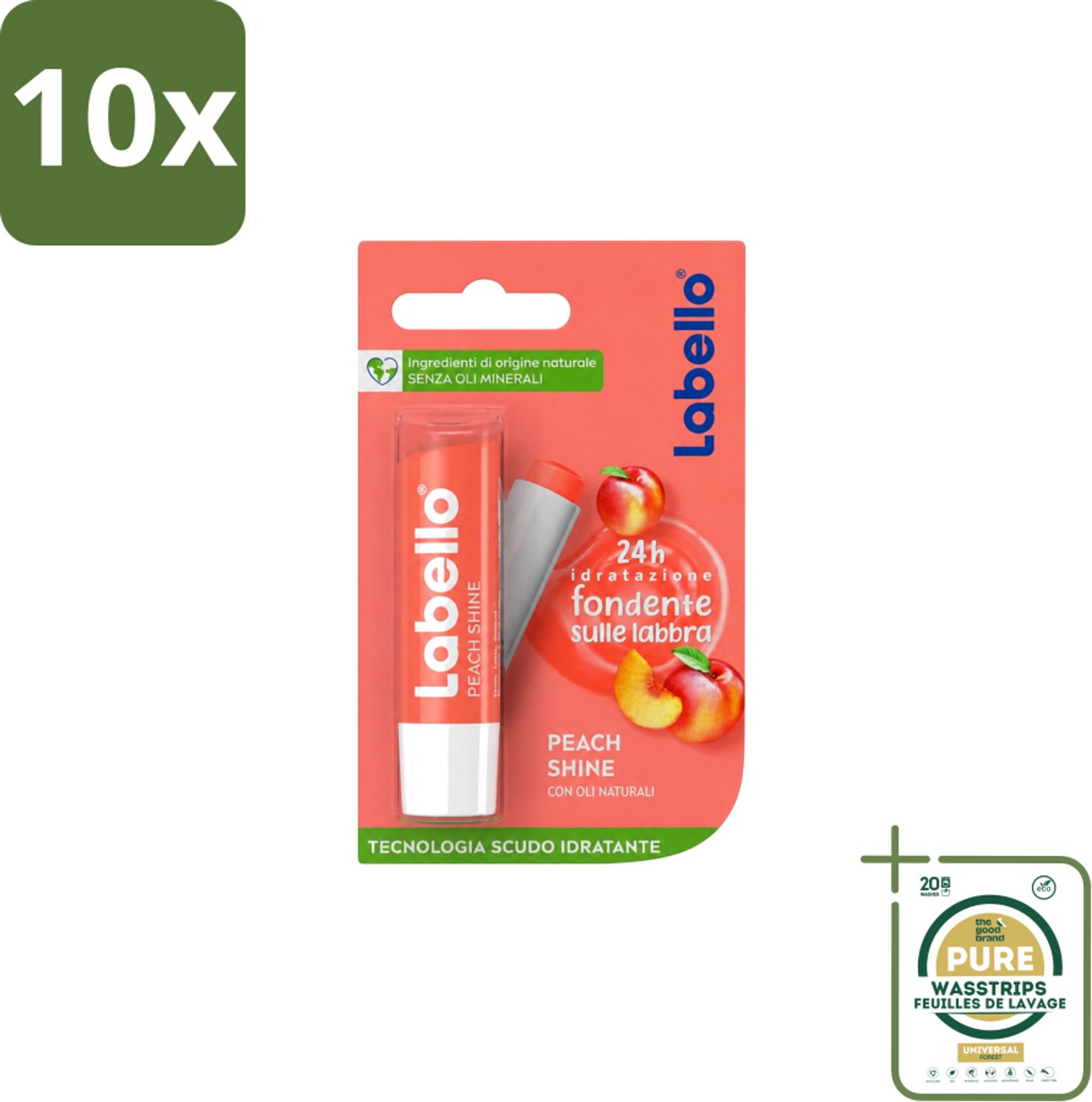 10 x Labello – Lippenbalsem – Fruity Peach Shine – Vegan - Wasstrips - Vegan Lippenbalsem - Lippenbalsem - Lippenverzorging - Natuurlijke Lippenbalsem - Fruitige Lippenbalsem