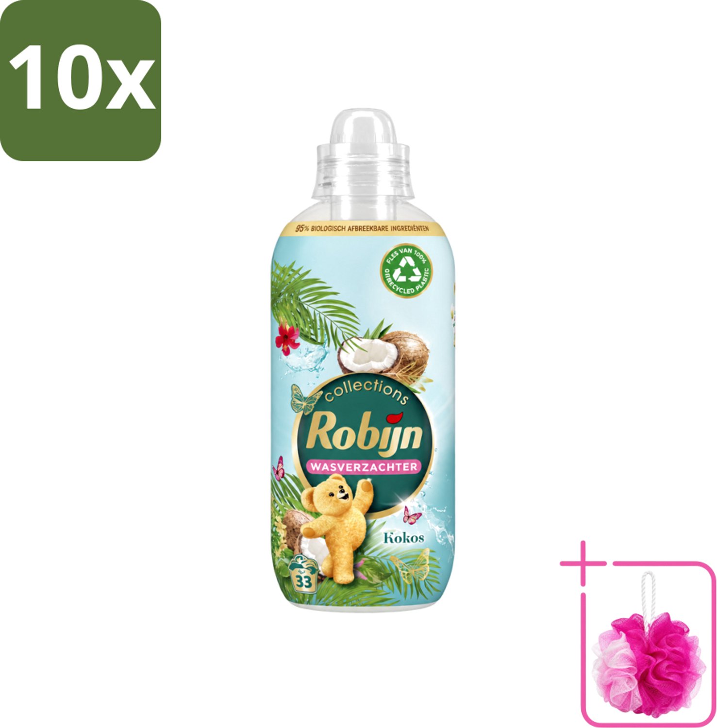 10 x Robijn - Kokos Sensation - Wasverzachter - Tropische Geur - 33 Wasbeurten - 825 ml - Bulkverpakking - Wasverzachter - Douchemop - Kokosgeur