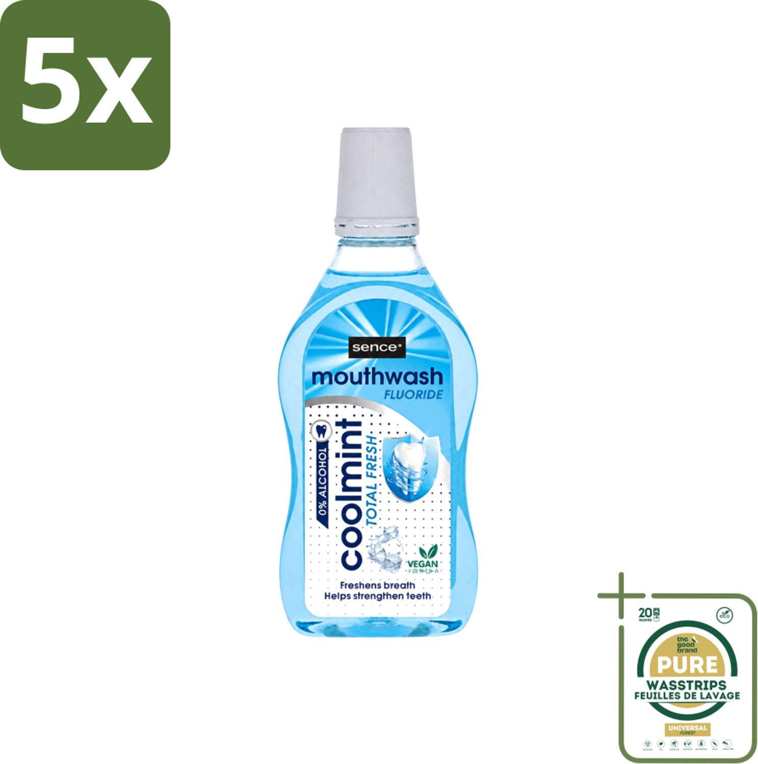 5 x Sence - Fresh Coolmint - Mondwater - Verfrissend - 500 ml - Wasstrips - Mondwater - Frisse Adem - Koele Mint - Fluoride - Gaatjes Voorkomen