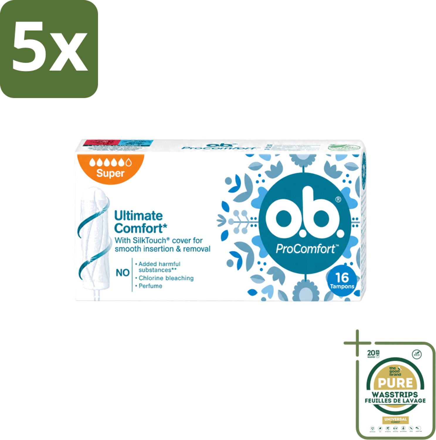 5 x o.b. Tampons - ProComfort Super - Voor Comfort en Zachte Bescherming - 16 Tampons - Wasstrips - Tampons - Menstruatiebescherming - Comfort - Zachte Bescherming - 100% Plantaardige Kern