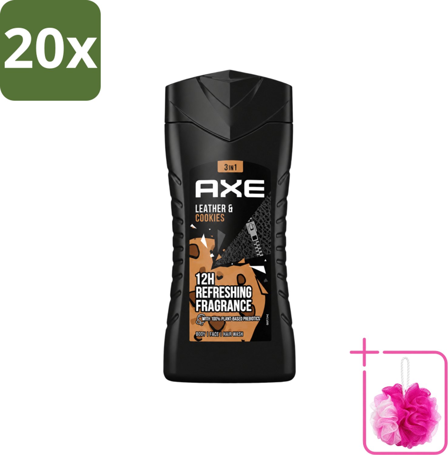 20 x Axe - 3-in-1 Douchegel - Leather & Cookies - 100% Plantaardig - 250 ml - Bulkverpakking - Douchegel - Douchemop - Geur