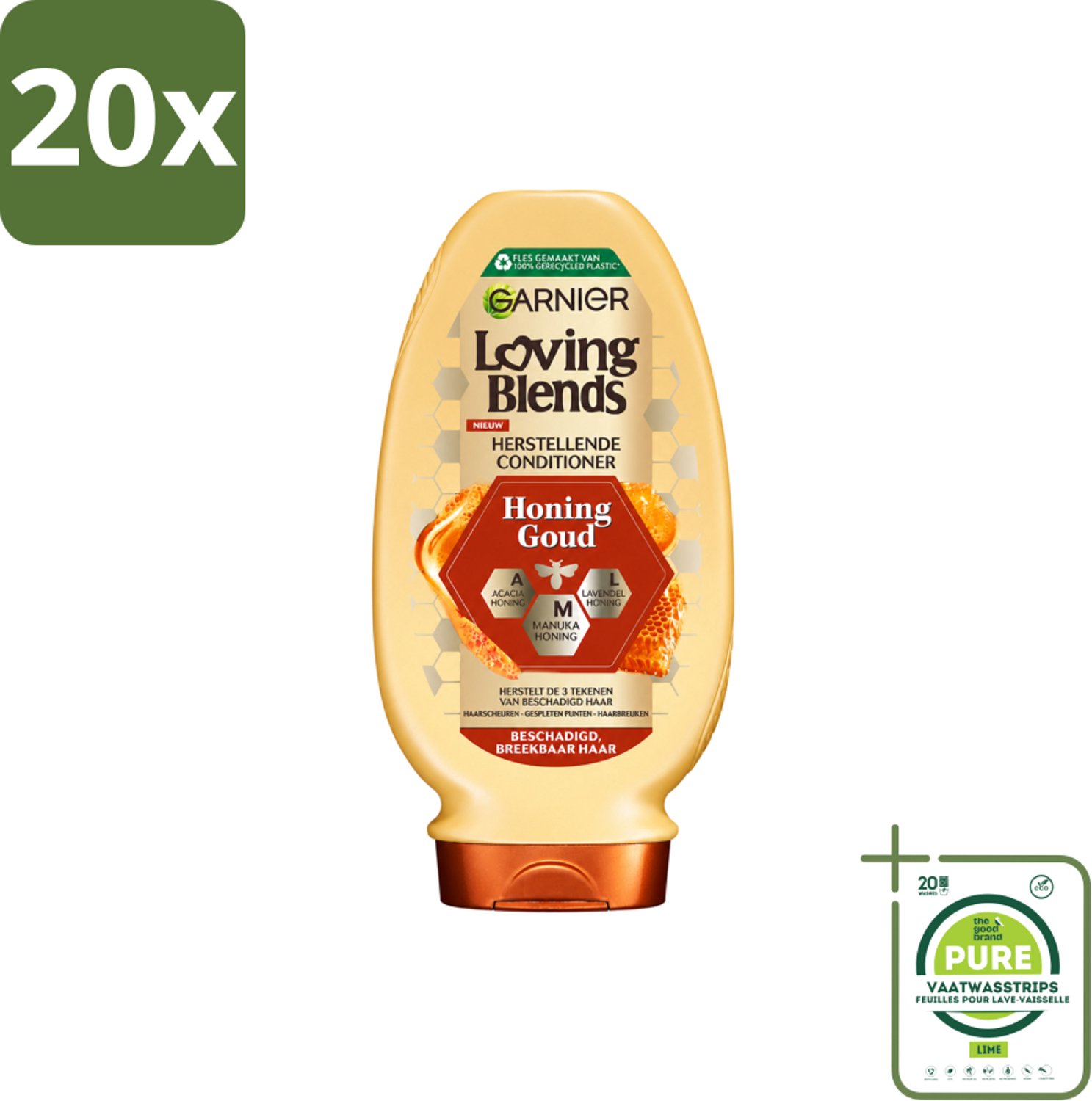 20 x Garnier - Loving Blends - Conditioner - Honing Goud - Beschadigd & Breekbaar Haar - 250 ml - Grootverpakking - Vaatwasstrips - Conditioner Voor Beschadigd Haar - Herstel Haar - Versterk Haar - Honing Conditioner - Haarscheuren Verminderen