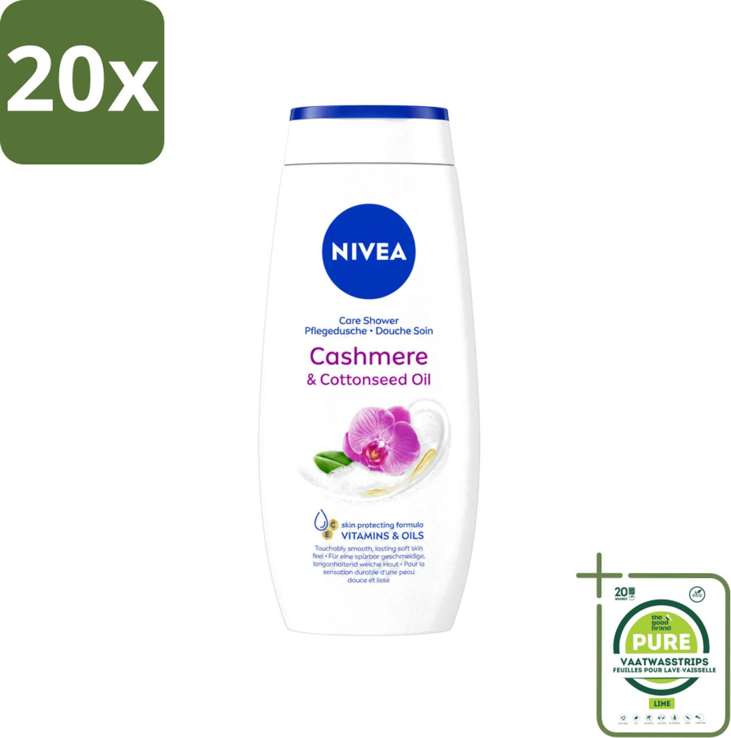 20 x Nivea - Douche Cashmere Moments - Beschermend - 250 ml - Grootverpakking - Vaatwasstrips - Douchegel Cashmere - Beschermende Douchegel - Gezonde Huid - Hydraterende Douchegel - Cashmere Geur