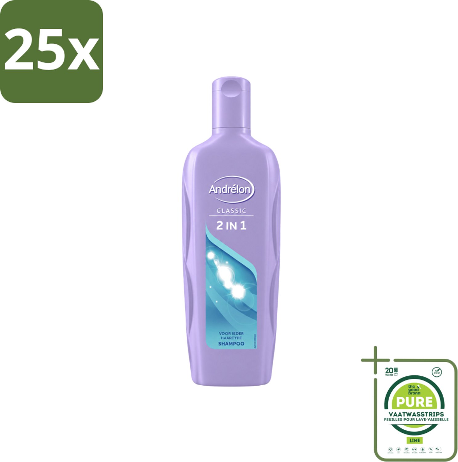 25 x Andrélon – Shampoo – 2-in-1 – 450 ml - Grootverpakking - Vaatwasstrips - Shampoo 2 In 1 - Haar Reinigen - Haar Verzorgen - Zacht Haar - Soepel Haar