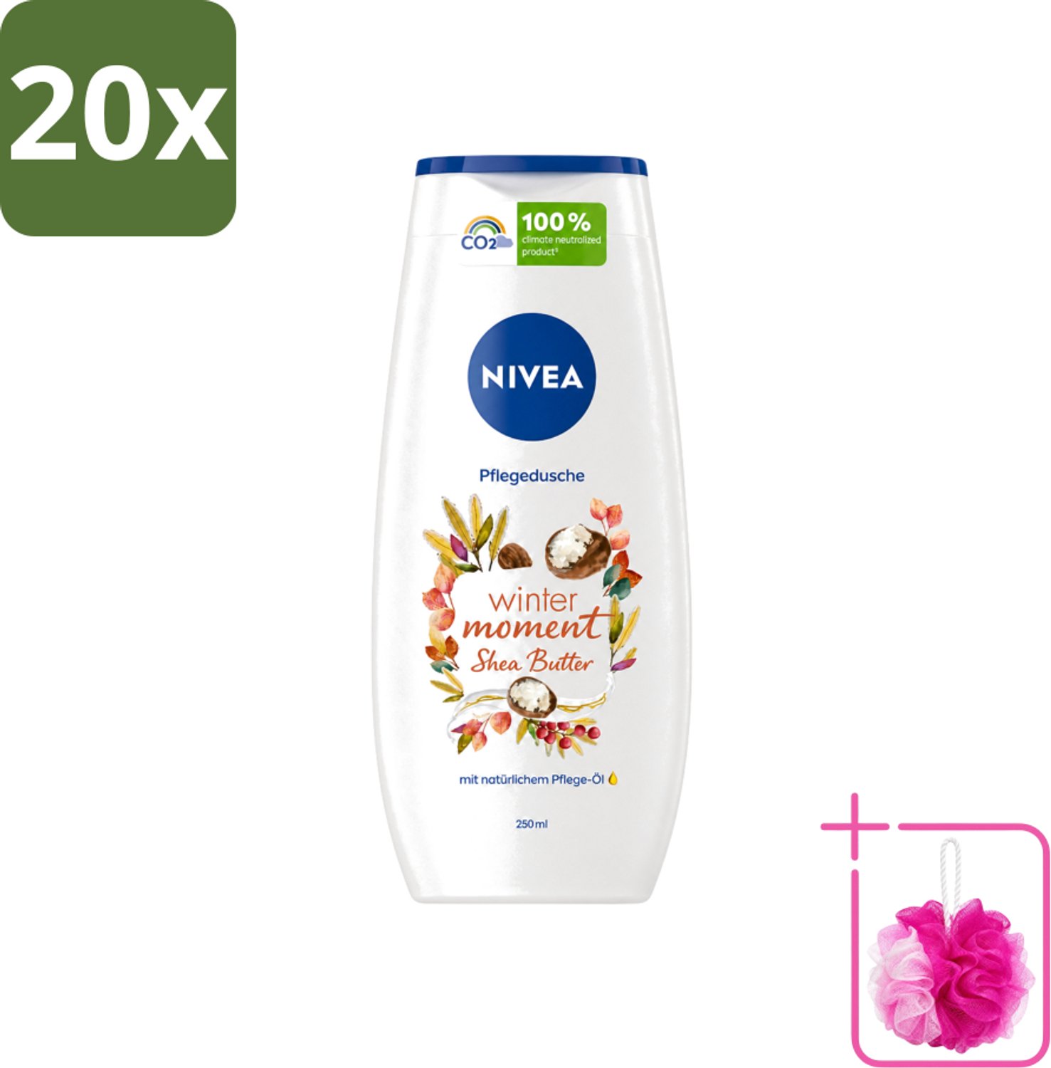 20 x Nivea - Douchegel - Winter Moment Shea Butter - 250 ml - Bulkverpakking - Douchegel winter - Douchemop - Sheaboter douchegel