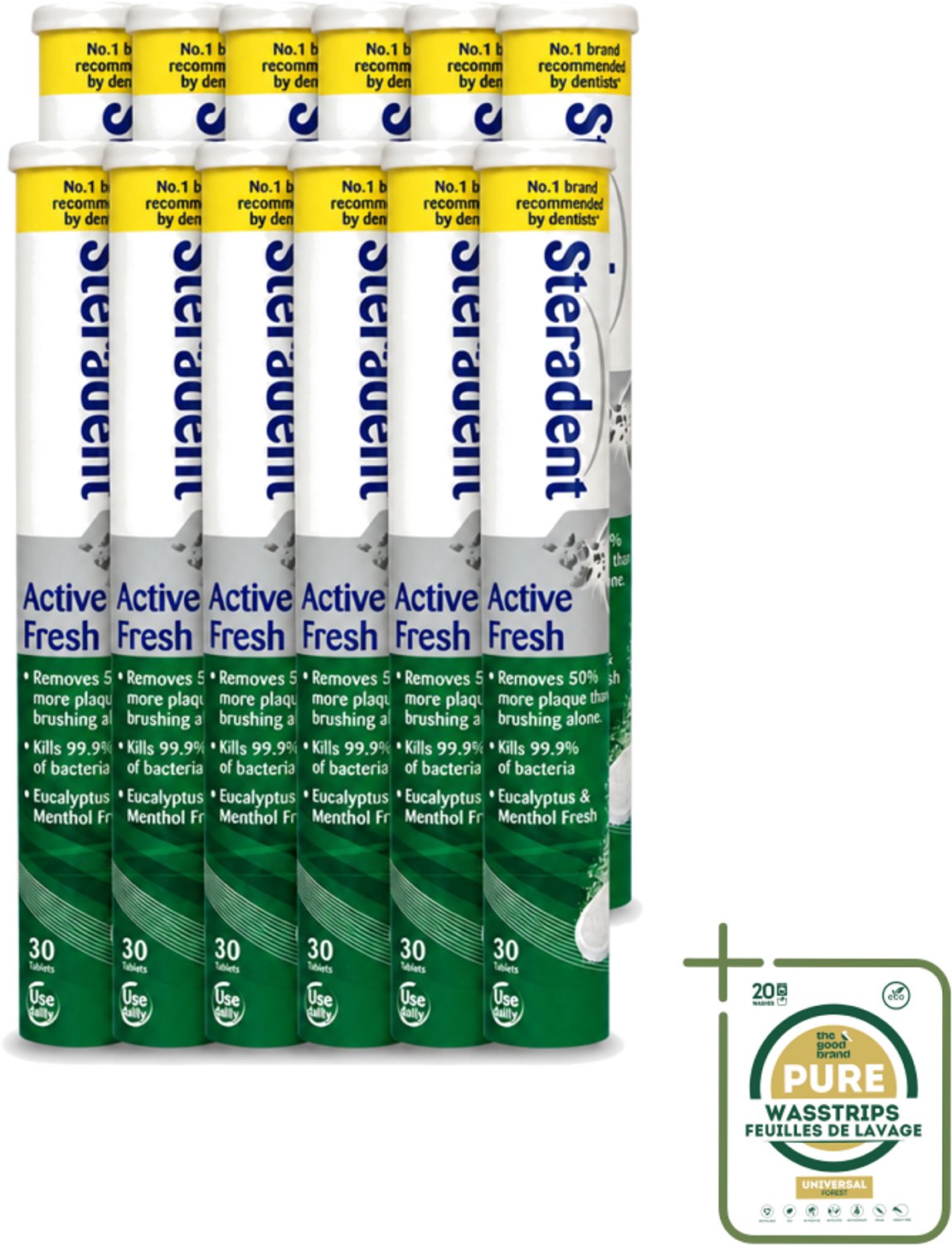 12 x Steradent - Reinigingstabletten - Active Fresh - Voor Kunstgebitten - 30 Tabletten - Wasstrips - Kunstgebit Reinigen - Kunstgebit Reinigingstabletten - Kunstgebit Hygiëne - Kunstgebit Reinigen 3 Minuten - Frisse Adem