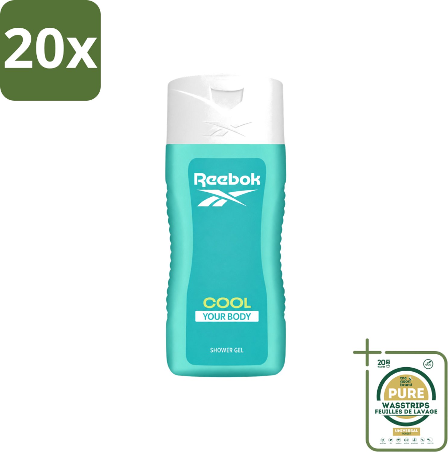 20 x Reebok - Cool Your Body - Douchegel - 400 ml - Wasstrips - Douchegel - Menthol - Aloe Vera - Verkoelende Douchegel - Frisse Geur