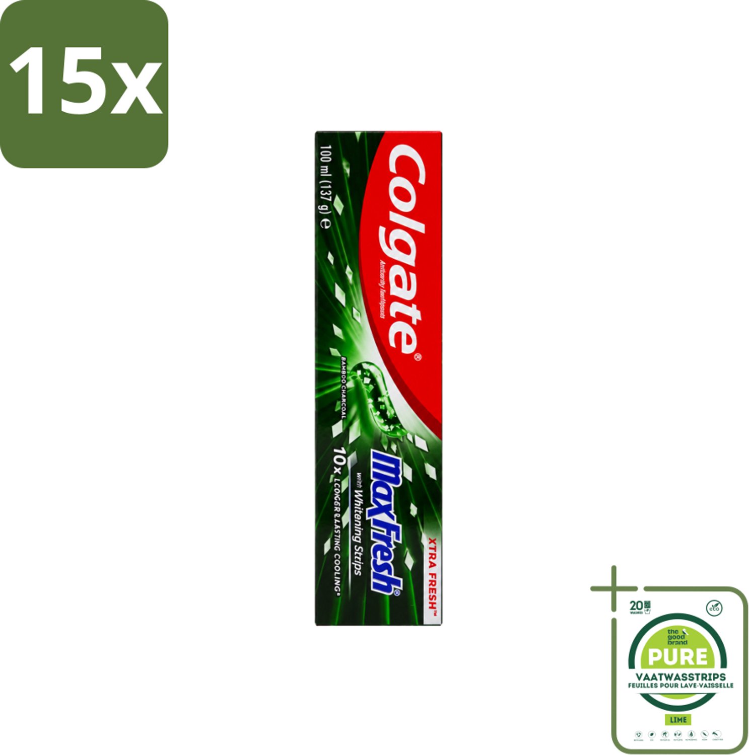 15 x Colgate – Tandpasta – MaxFresh Whitening Bamboo Charcoal – 100 ml - Grootverpakking - Vaatwasstrips - Tandpasta - Witter Maken - Frisse Adem - Bamboe-houtskool - Mondgezondheid