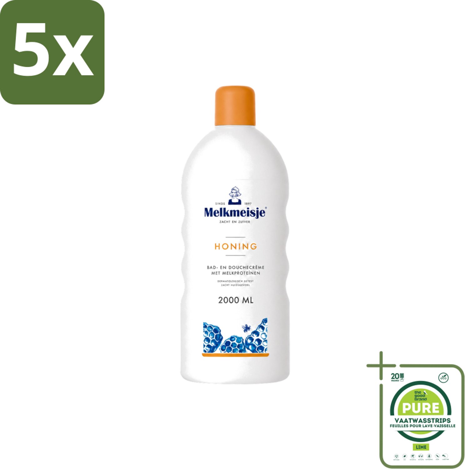 5 x Melkmeisje – Bad & Douche – Honing – 2000 ml - Grootverpakking - Vaatwasstrips - Melkmeisje Bad En Douche - Bad En Douche Crème - Melkproteïnen - Honing - Huid Verzorging