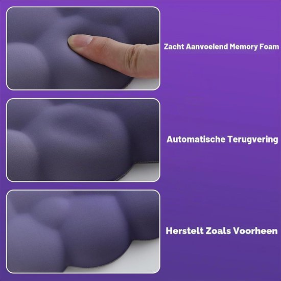 Ergonomische Cloud Polssteun voor Toetsenbord en Muis, Duurzaam Polyester, Ideaal voor Kantoor, Gaming en Computergebruik, Paars — afbeelding 4
