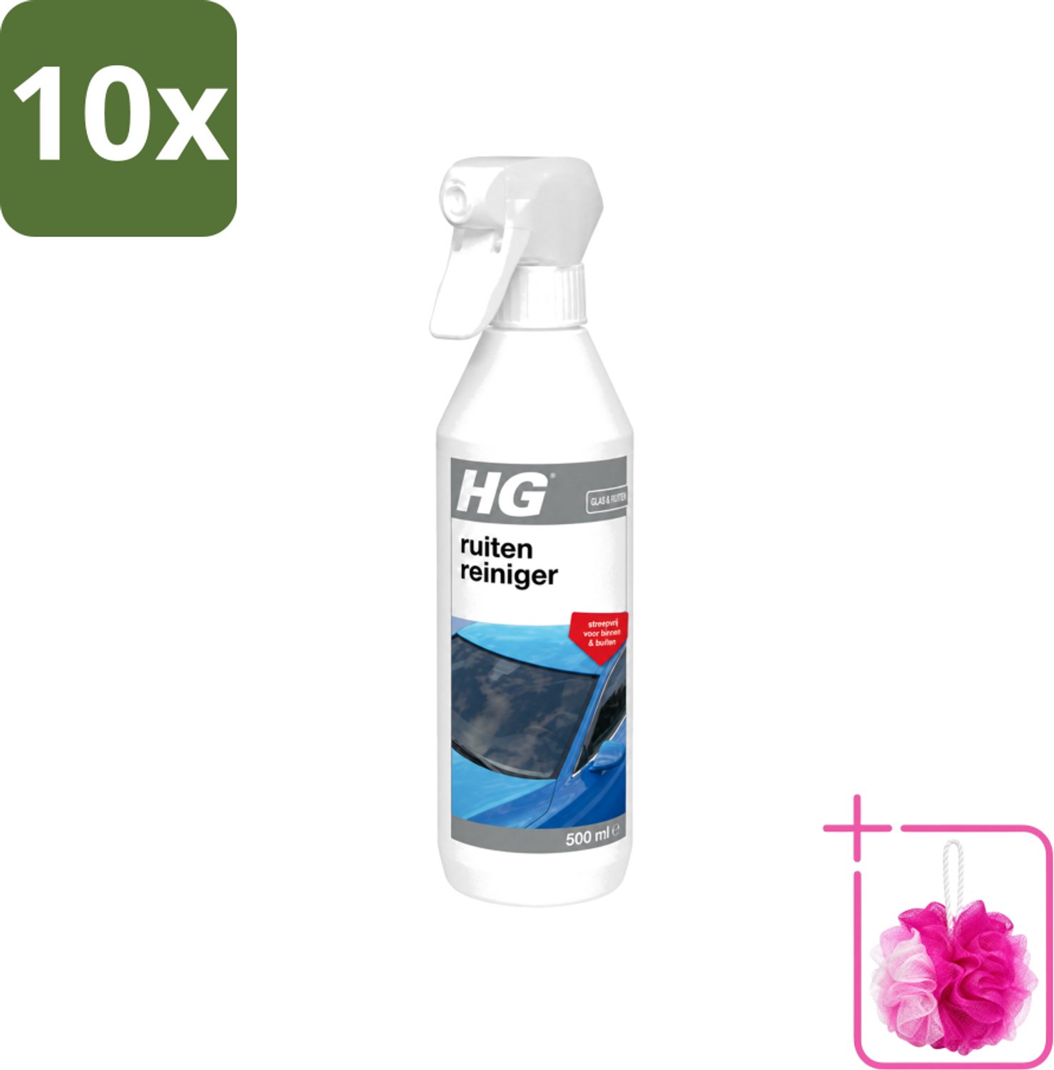 10 x HG - Ruitenreiniger - Streepvrij Voor Binnen & Buiten - 500 ml - Bulkverpakking - Ruitenreiniger - Douchemop - Ruiten reinigen