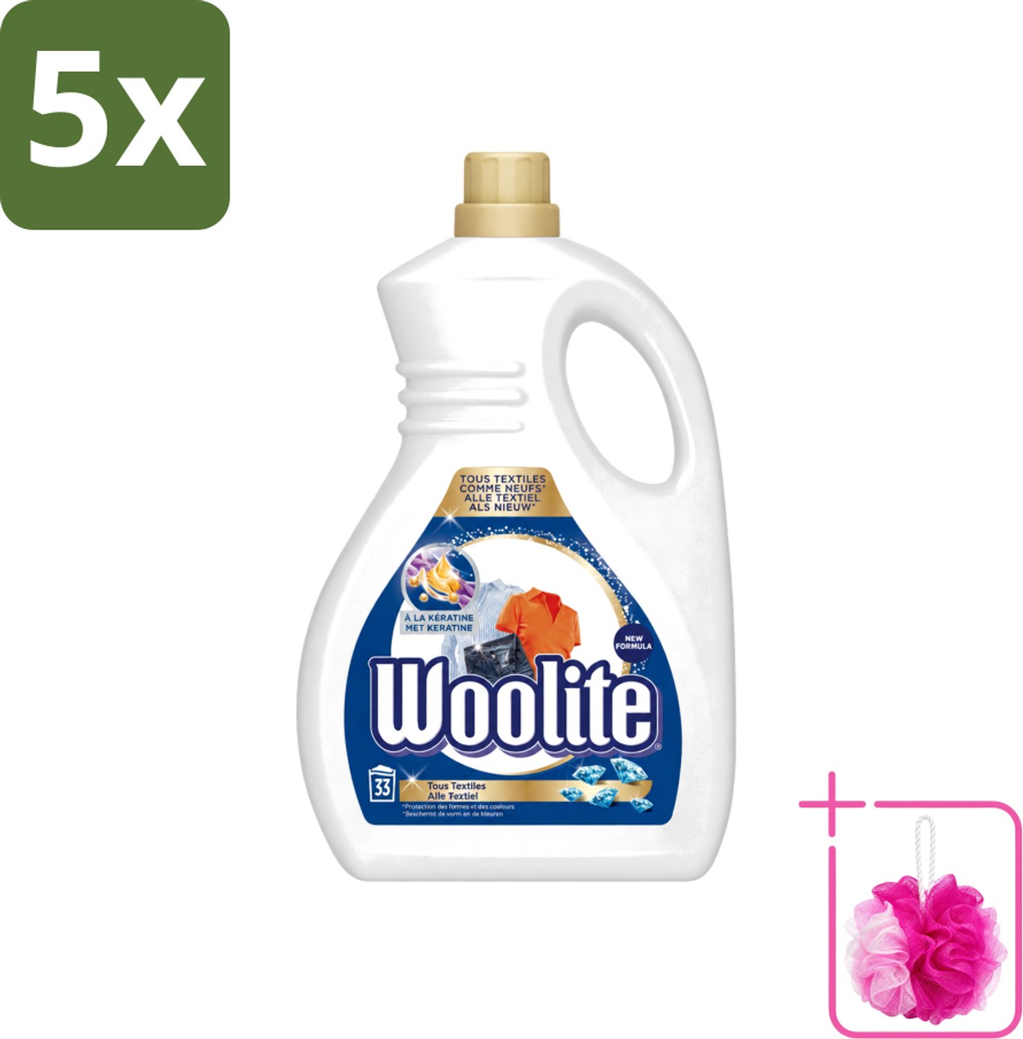 5 x Woolite Textile - Vloeibaar Wasmiddel - Met Keratine - Textiel Was - 33 Wasbeurten - 2L - Bulkverpakking - Wasmiddel textiel - Douchemop - Keratine wasmiddel