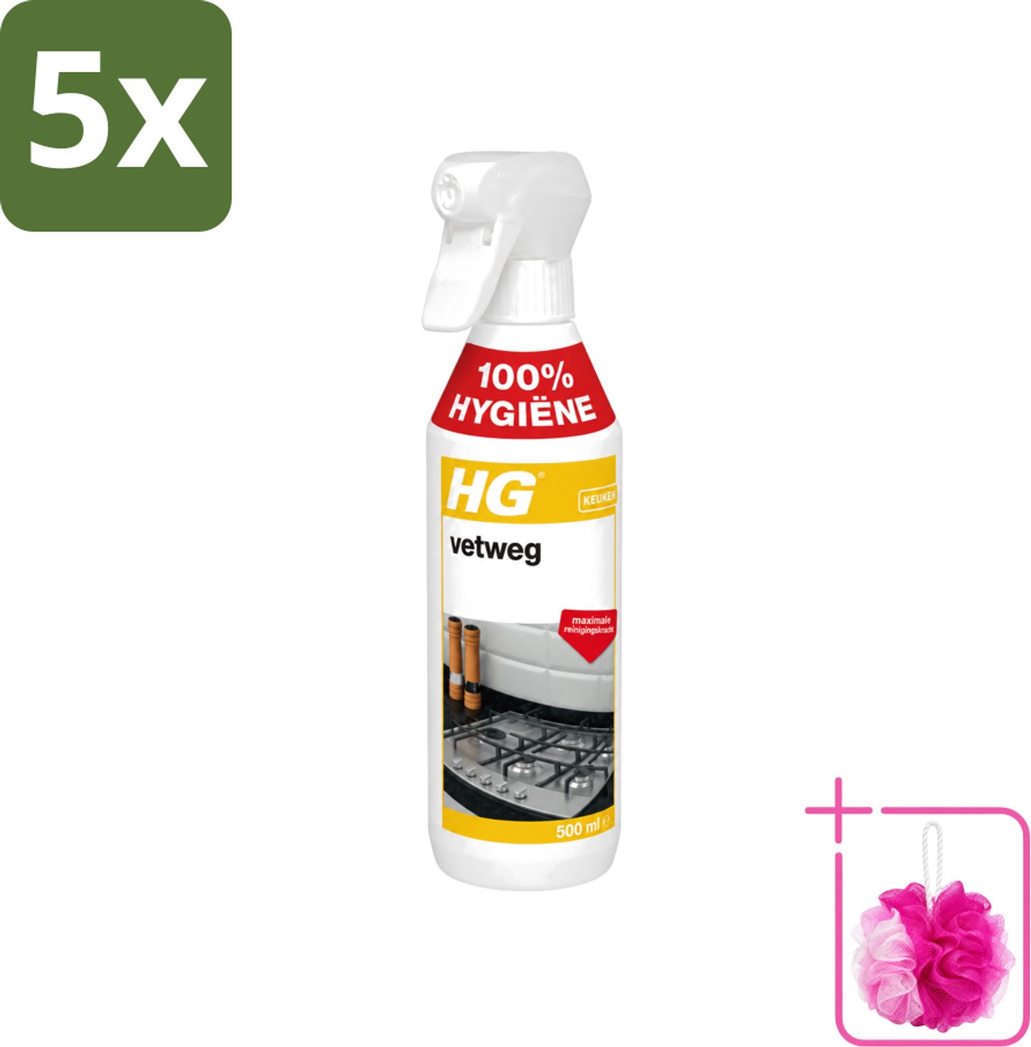5 x HG - Vetweg - Maximale Reinigingskracht - 500 ml - Bulkverpakking - Keukenreiniger - Douchemop - Vetvrij maken