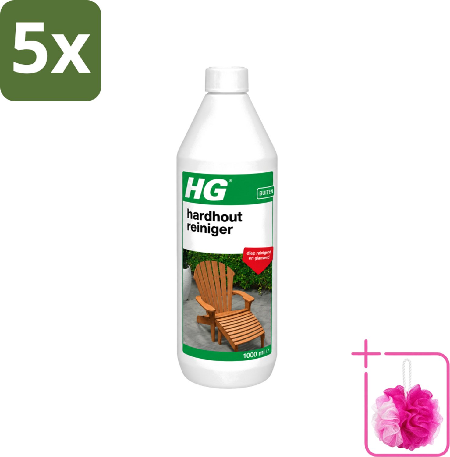 5 x HG - Buiten - Hardhout Reiniger - Diep Reinigend - 1L - Bulkverpakking - Hardhout reinigen - Douchemop - Tuinmeubel reinigen