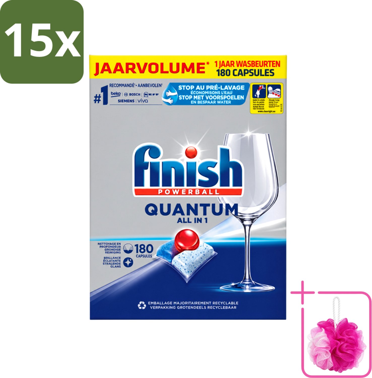 15 x Finish Powerball - Quantum All in 1 - Vaatwastabletten - 180 Tabletten - Bulkverpakking - Vaatwassen - Douchemop - Vaatwastabletten
