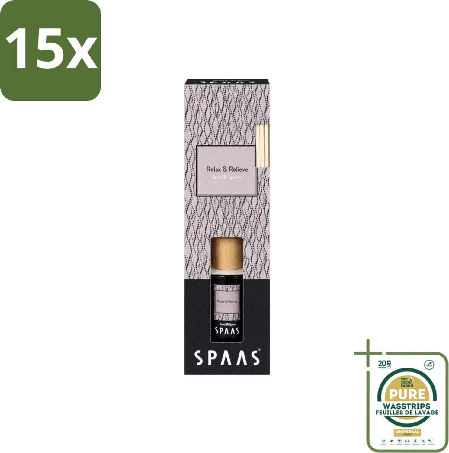 15 x Spaas - Geurstokjes - Relax & Relieve - Bergamotthee - 80 ml - Wasstrips - Geurstokjes - Bergamotthee - Geurverspreider - Rustgevende Geur - Geurkaars