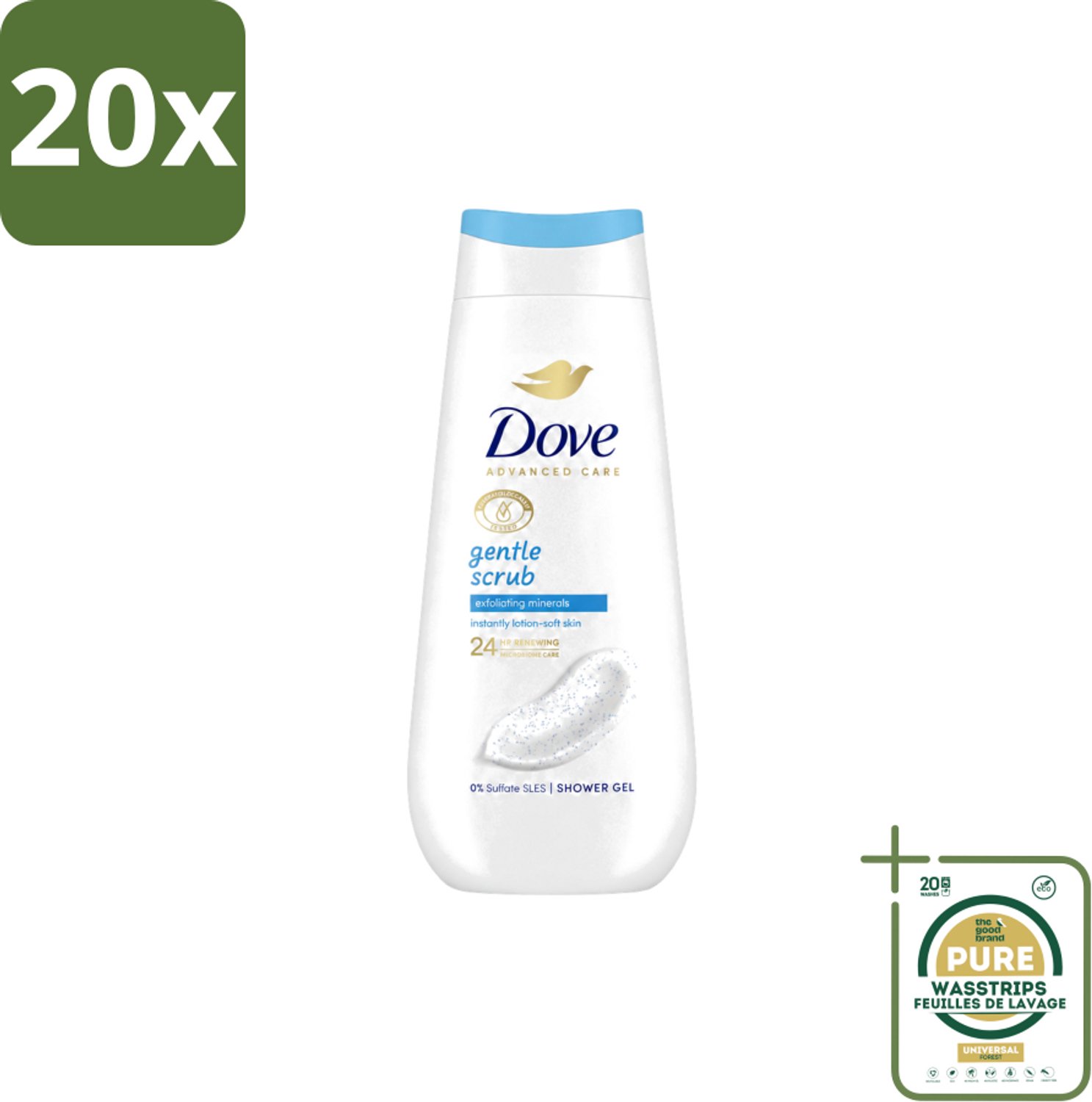 20 x Dove – Douchegel – Advanced Care Gentle Scrub – 225 ml - Wasstrips - Douchegel - Exfoliatie - Huidverzorging - Zachte Douchegel - Schuim