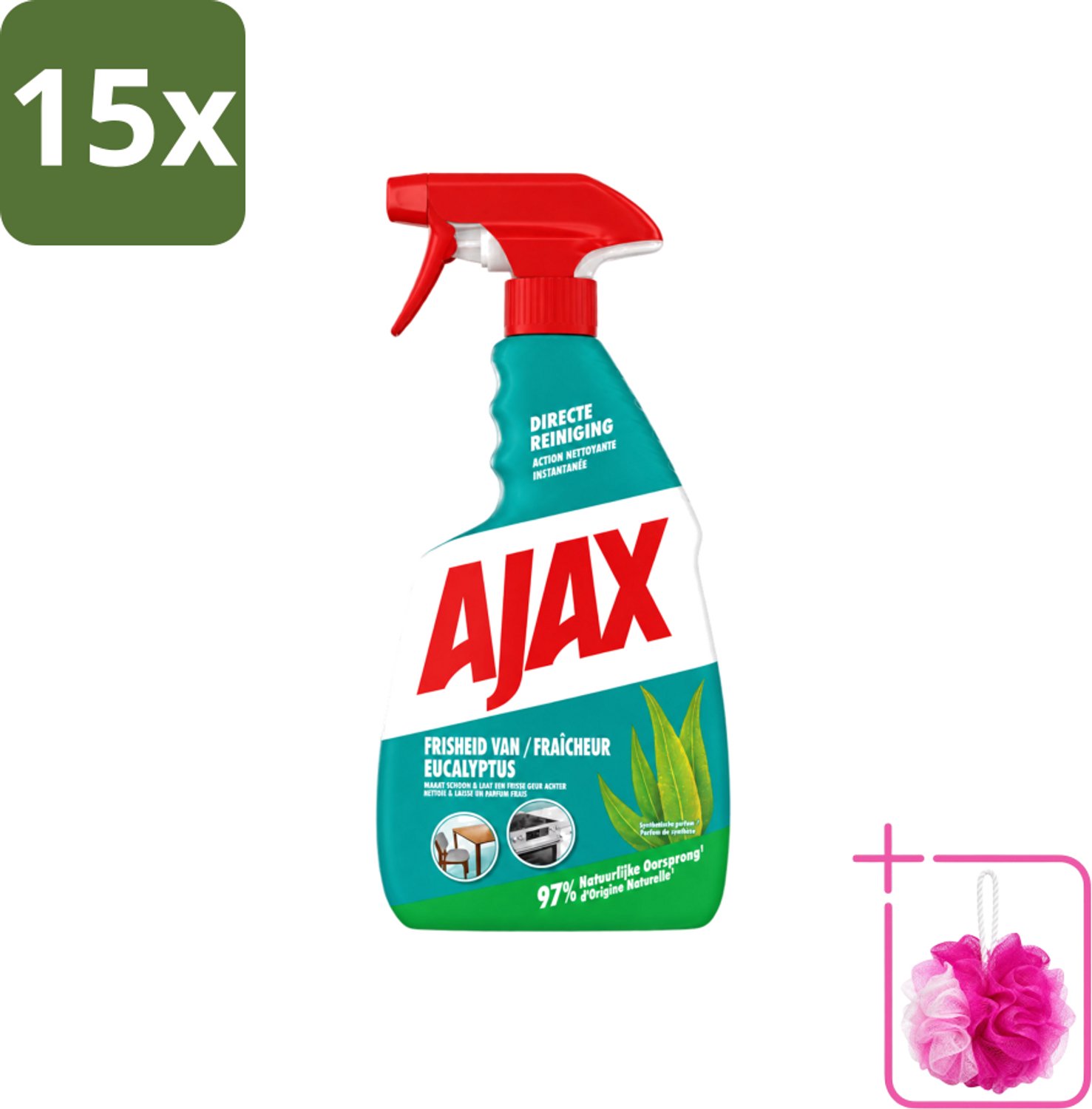 15 x Ajax – Multi-Purpose Spray – Eucalyptus – 750 ml - Bulkverpakking - Schoonmaak spray - Douchemop - Eucalyptus reiniger