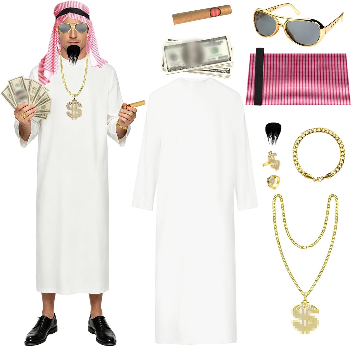 Sjechkostuum voor volwassenen, Arabisch sjechkostuum voor heren, inclusief witte gewaad, hoofddoek en accessoires, ideaal voor carnaval, cosplay en feestjes