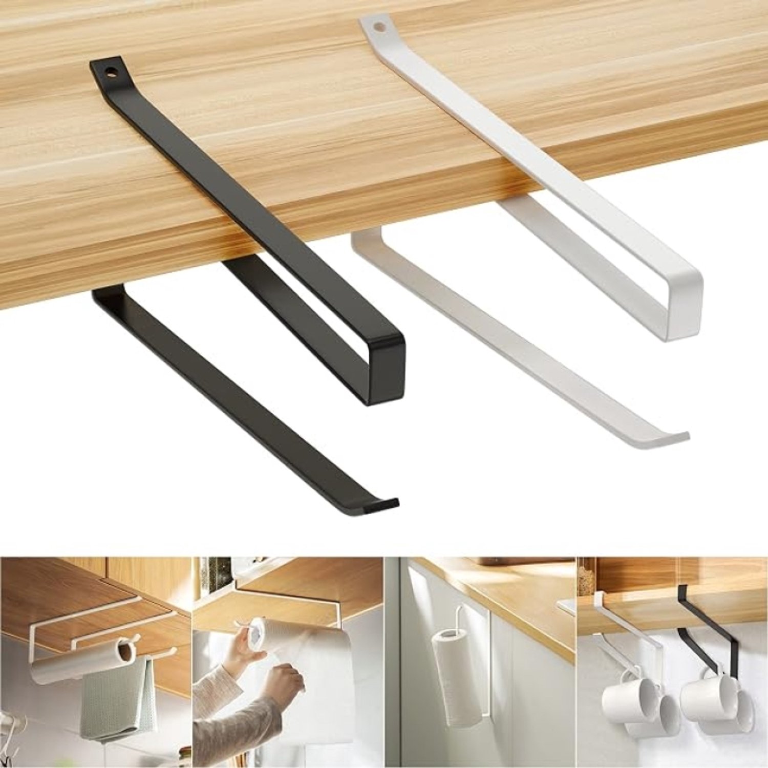 Nazik Living Keukenrolhouder onder kast, 2 stuks zelfklevende papierrolhouder, wandmontage metaal, zwart en wit