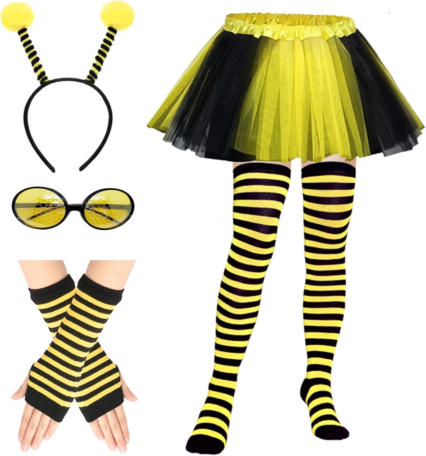 7 stuks bijenkostuum voor volwassenen, lieveheersbeestjeskostuum voor dames, met hoofdband, zonnebril, tule rok, gestreepte handschoenen, kniekousen voor carnaval, party, cosplay