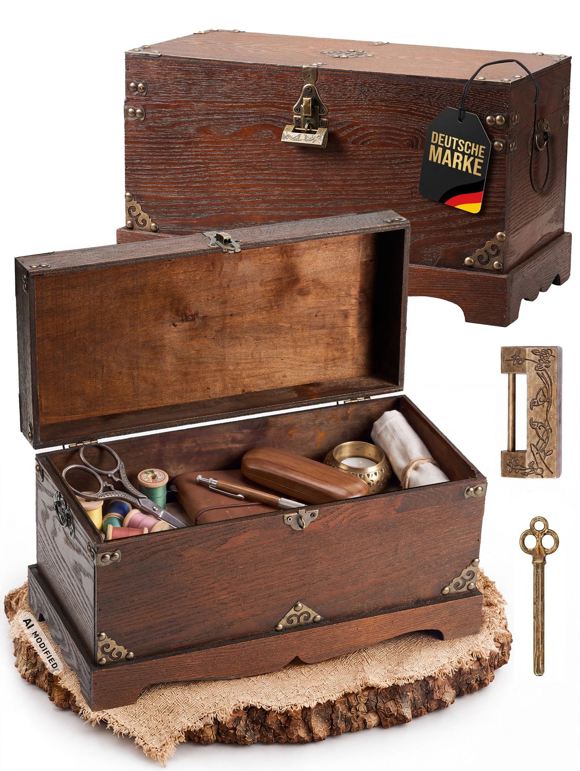 Kingpower houten schatkist, donkere stijl, met slot, 40x19x22 cm