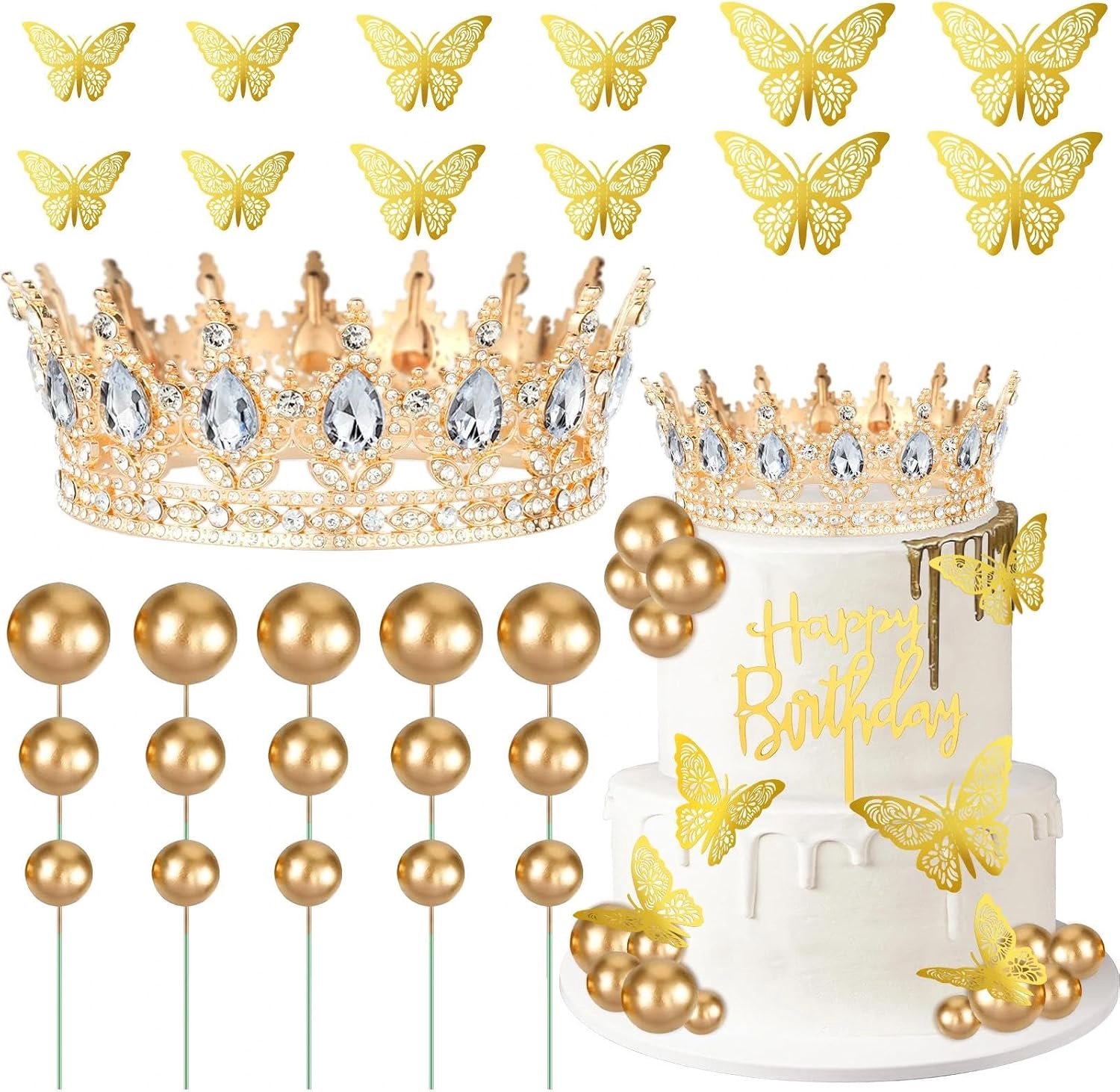 29-delige taartdecoratie kroon voor verjaardag, gouden caketopper