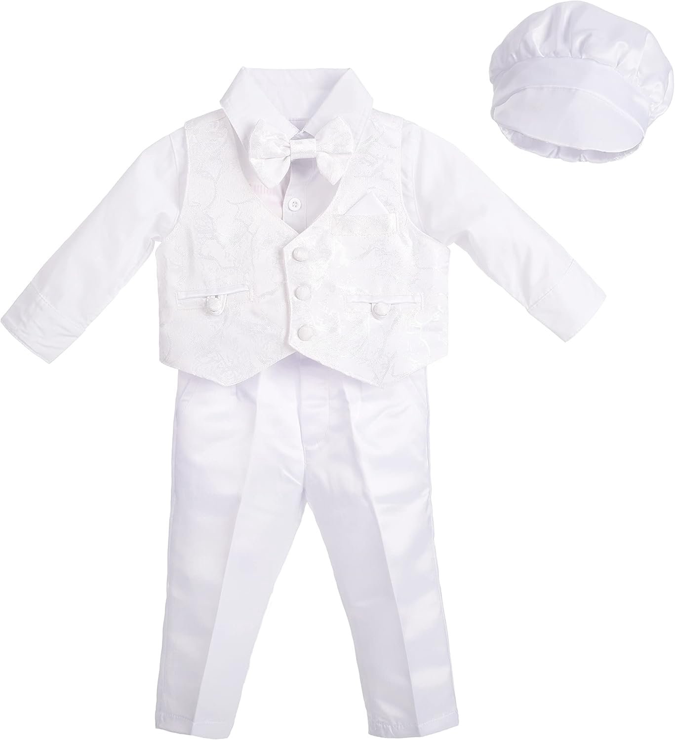 4-delig wit pakje met jacquard vest en doopkapje voor doop/bruiloft