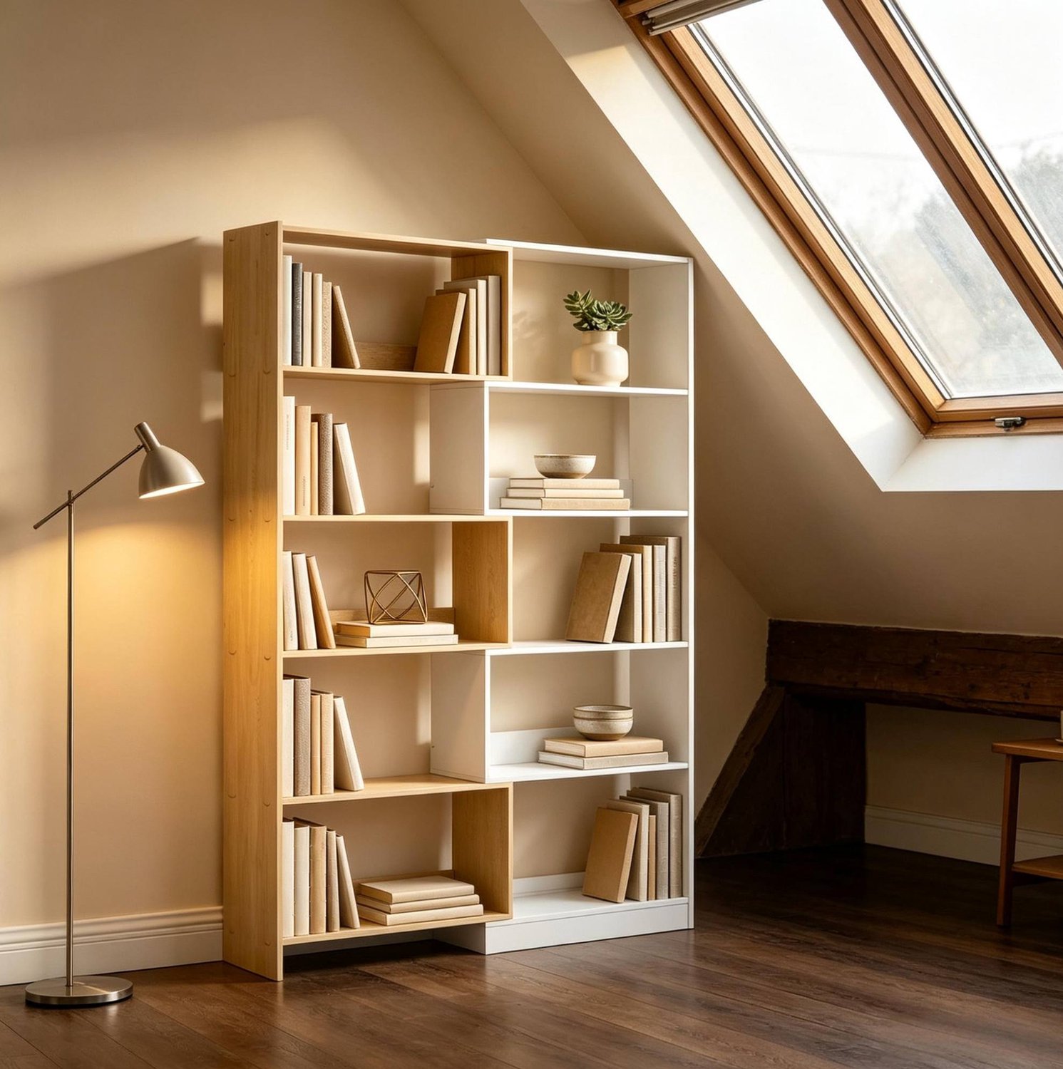 MODENUIT Boekenkast - Vijf Open Planken - Voor Hoeken - Spaanplaat - Naturel En Wit - 111,5x23,8x163,7 Cm Eiken/wit