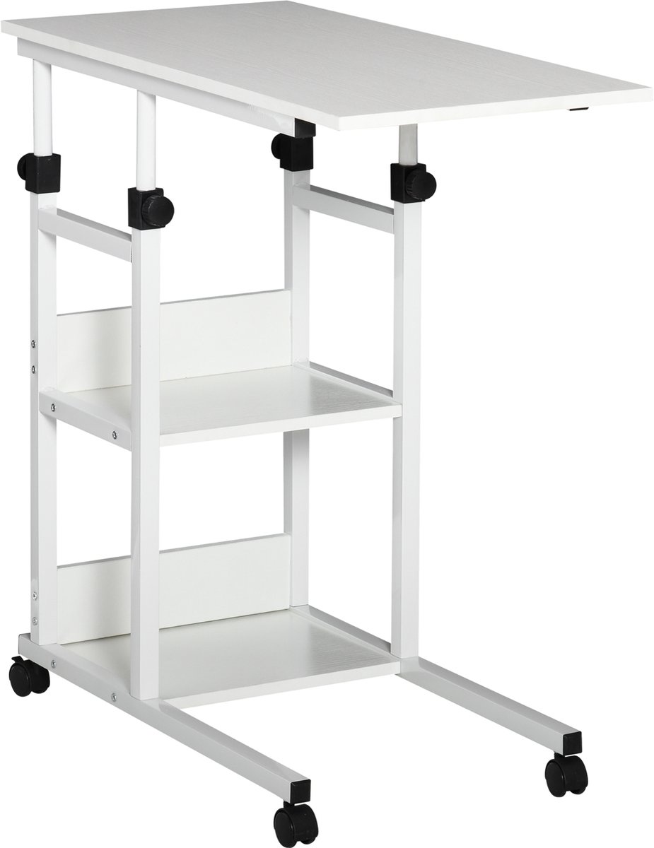 Homona Bijzettafel met wielen - In hoogte verstelbaar - Met 2 legplanken - 80 x 40 x 72-82 cm - Wit