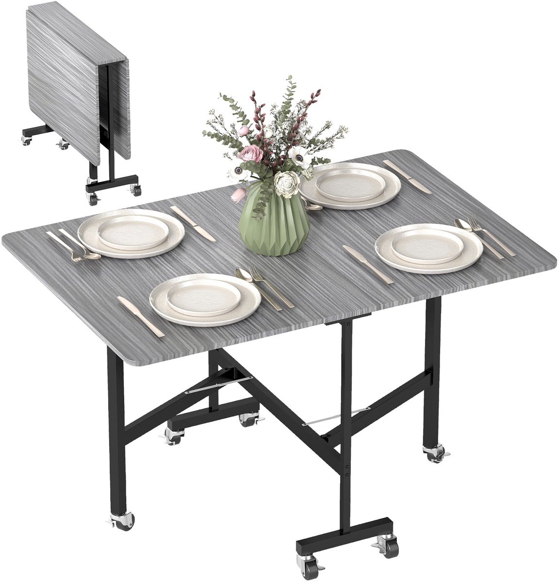 Opvouwbare eettafel op wieltjes voor 4-6 personen, 120 cm, wielen met remmen, 2 uitklapbare zijkanten, industriële stijl, grijs
