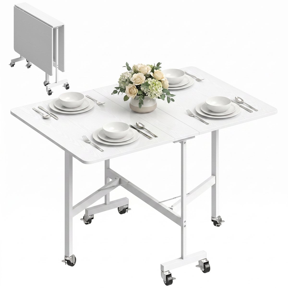Opvouwbare eettafel op wieltjes voor 4-6 personen, 120 cm, wieltjes met remmen, 2 uitklapbare zijpanelen, industriële stijl, wit