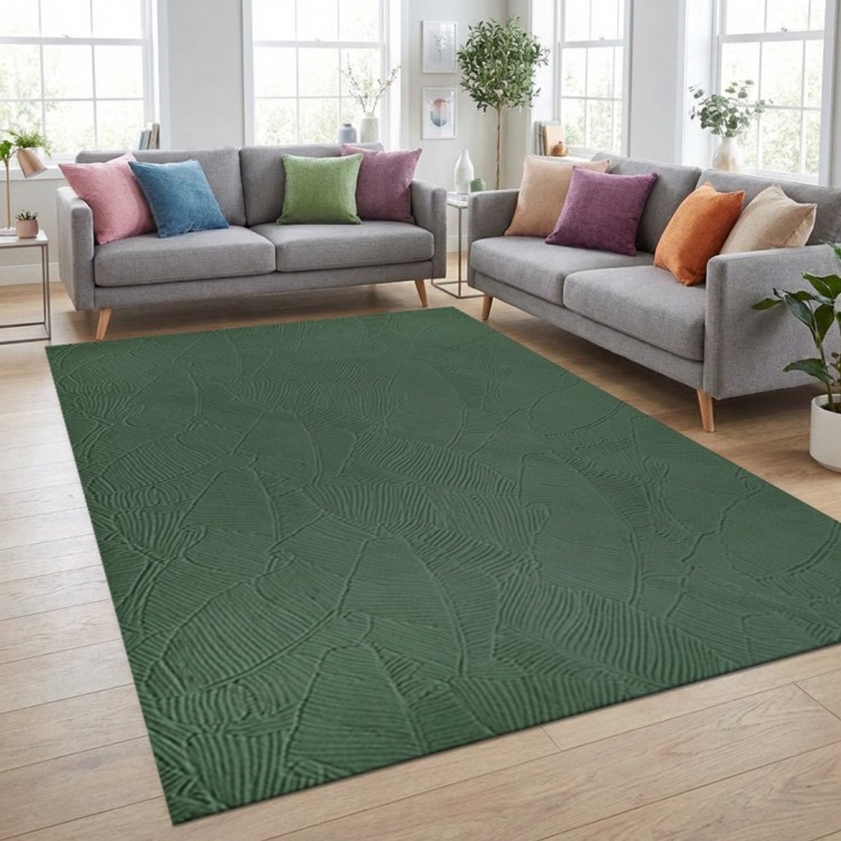 TapisTrend Designer tapijt Bosgroen 160x220 cm Modern vloerkleed met groot reliëfpatroon van tropische bladeren voor woonkamer, slaapkamer en eetkamer