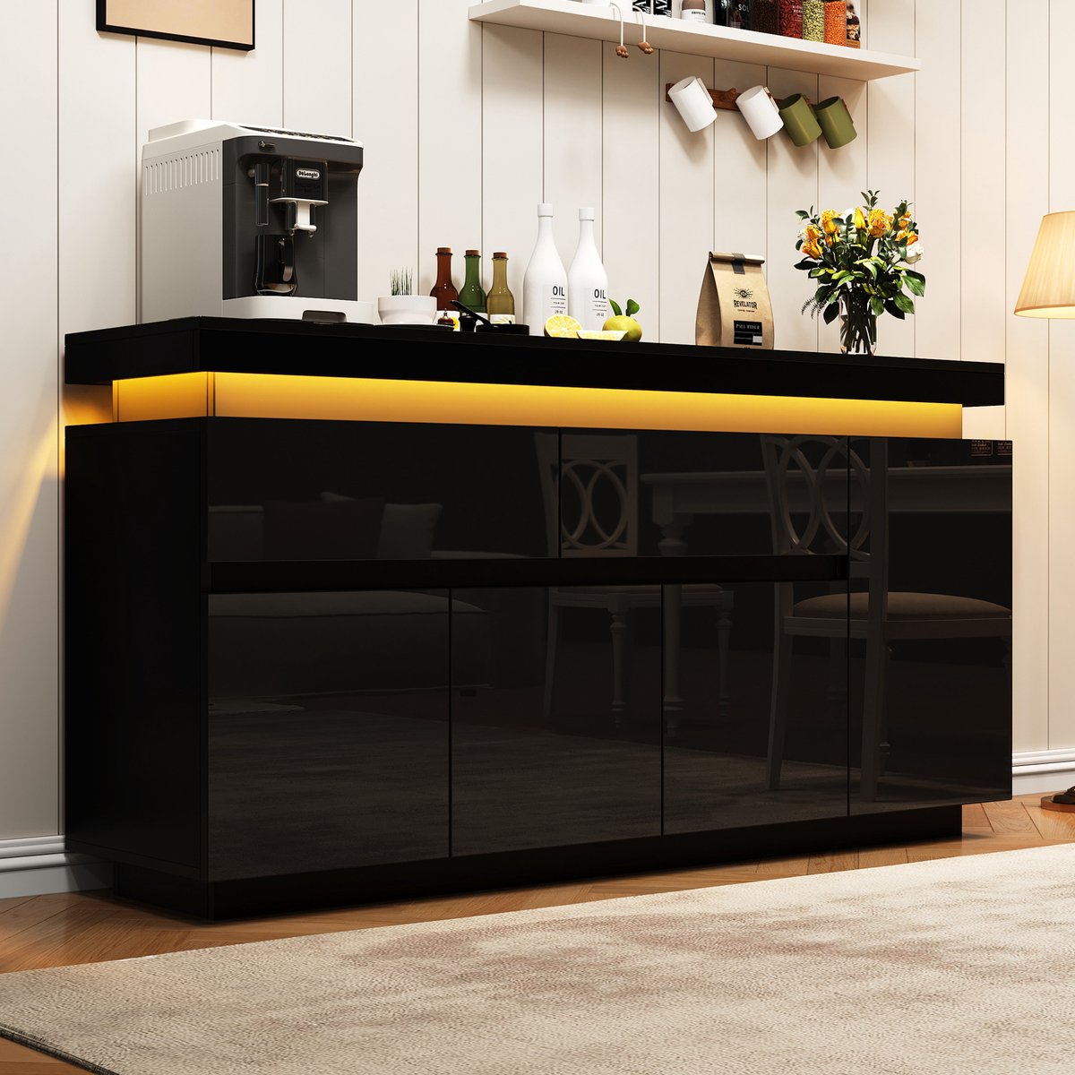 HAUSS SPOLE Dressoir Met Ledverlichting - 2 Lades En 4 Deuren - Hoogglans Zwart Spaanplaat - 140 X 35 X 72,5 Cm - Woonkamerkast Met Verstelbare Planken