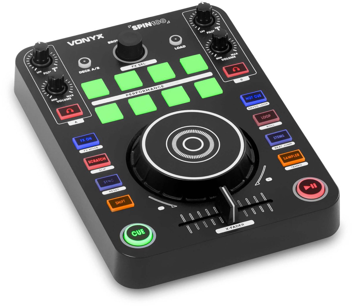 DJ controller - Vonyx Spin100 - Tweekanaals DJ deck met 8 Performance Pads - Met Virtual DJ LE software - Beginner DJ set