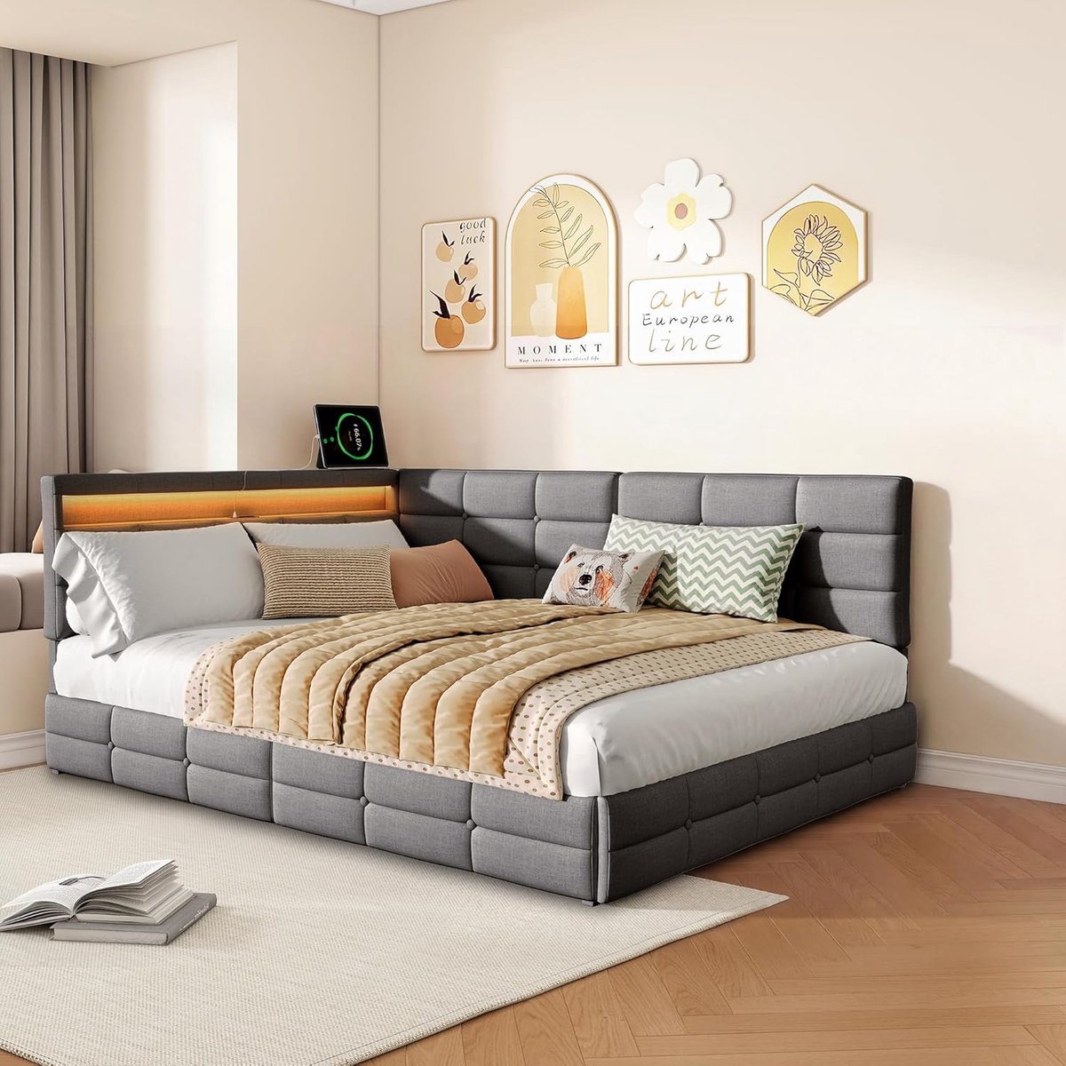 140 x 190 cm, eenpersoonsbed met laden, gestoffeerd bed, dagbed met lattenbodem, jeugdbed, bedframe, multifunctioneel, linnen zonder matras (grijs 140 x 190)