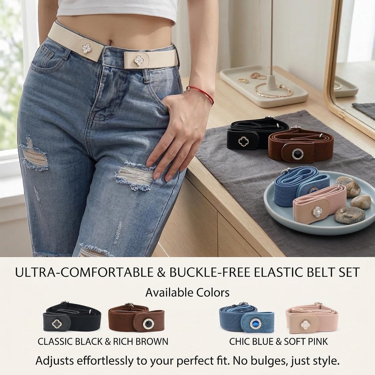 5 onzichtbare gordels dames zonder gesp – Elastische tailleband set in 5 kleuren, verstelbaar en comfortabel, geschikt voor jeans, jurken en dagelijks gebruik, stijlvolle en praktische oplos