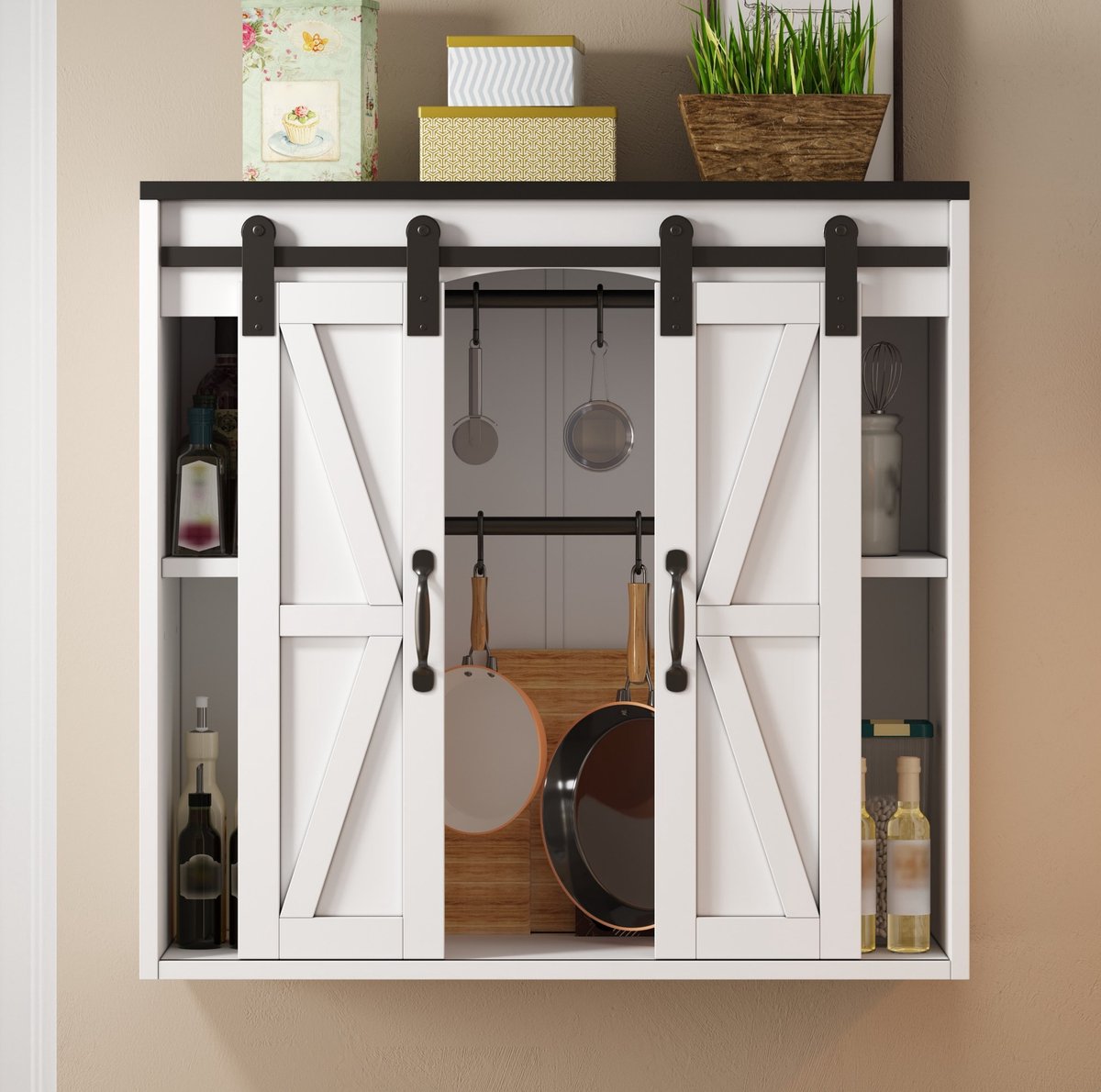 Keukenkast - Wandkast Met Twee Schuifdeuren En Verstelbare Planken - Voor Keuken En Woonruimte - MDF - 80 X 31 X 76 Cm - Wit