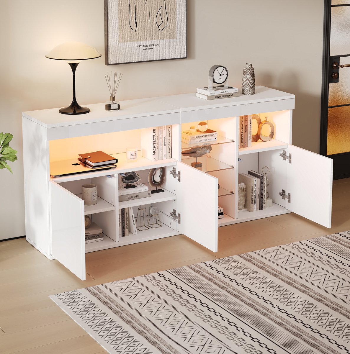 MODENUIT Dressoir - 3 Deuren En LED-Verlichting - Woonkamer - Spaanplaat En Glas - 155,5x35x72 Cm - Wit